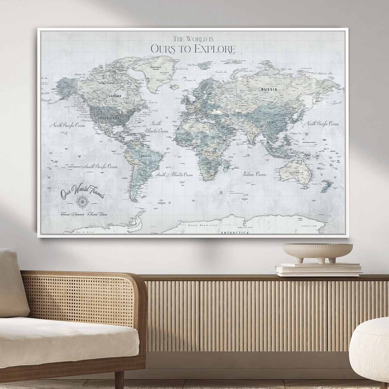 73654056-MGV-FC-36X24 - Personalized Push Pin World Map Canvas Print – Custom Framed Travel Tracker Artwork for Couples or Home Decor