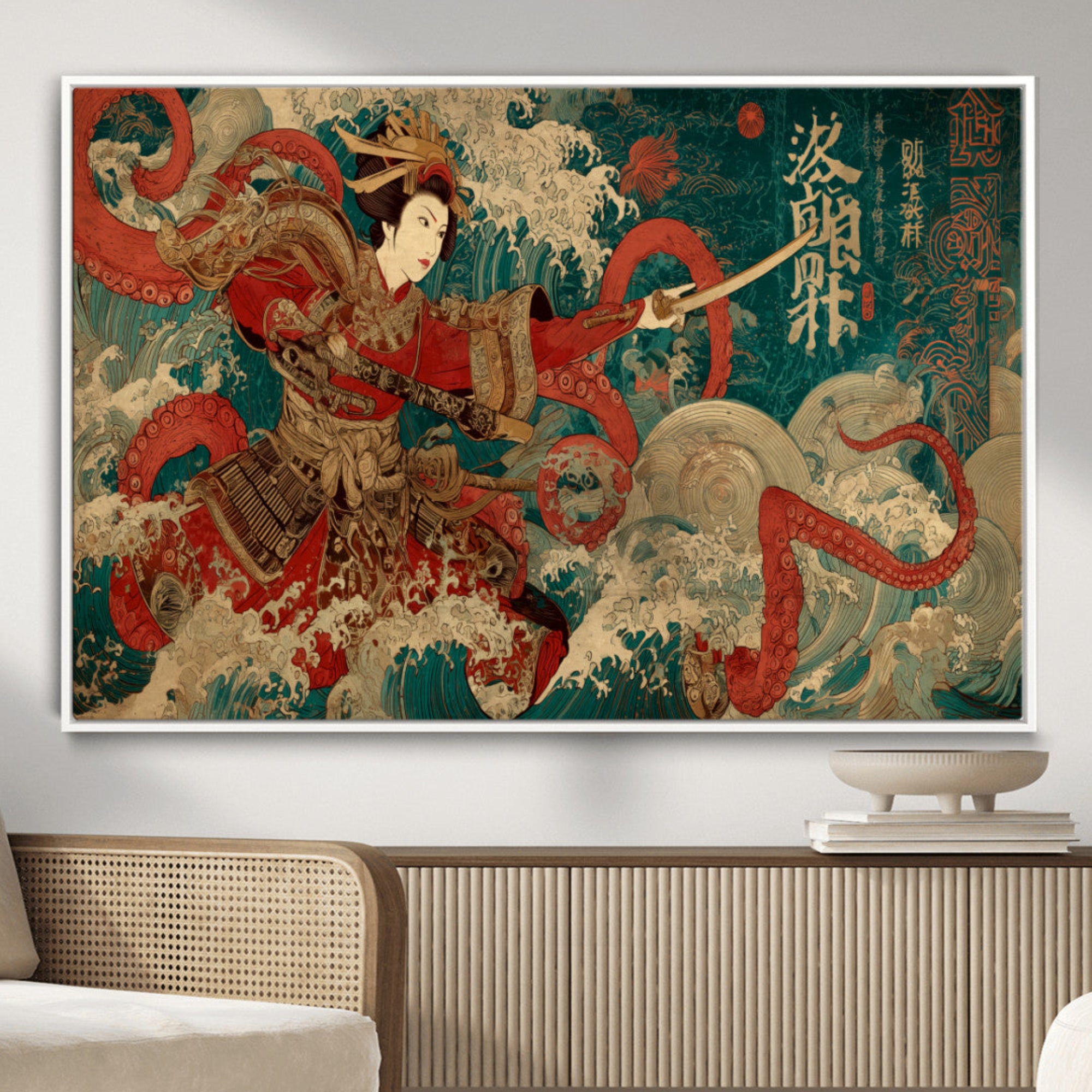 48430396-MGV-CV-36X24-Tsukioka Yoshitoshi Samurai Wall Art – Japanese Katana Warrior Canvas Print, Octopus Sea Monster Artwork for Home, Office