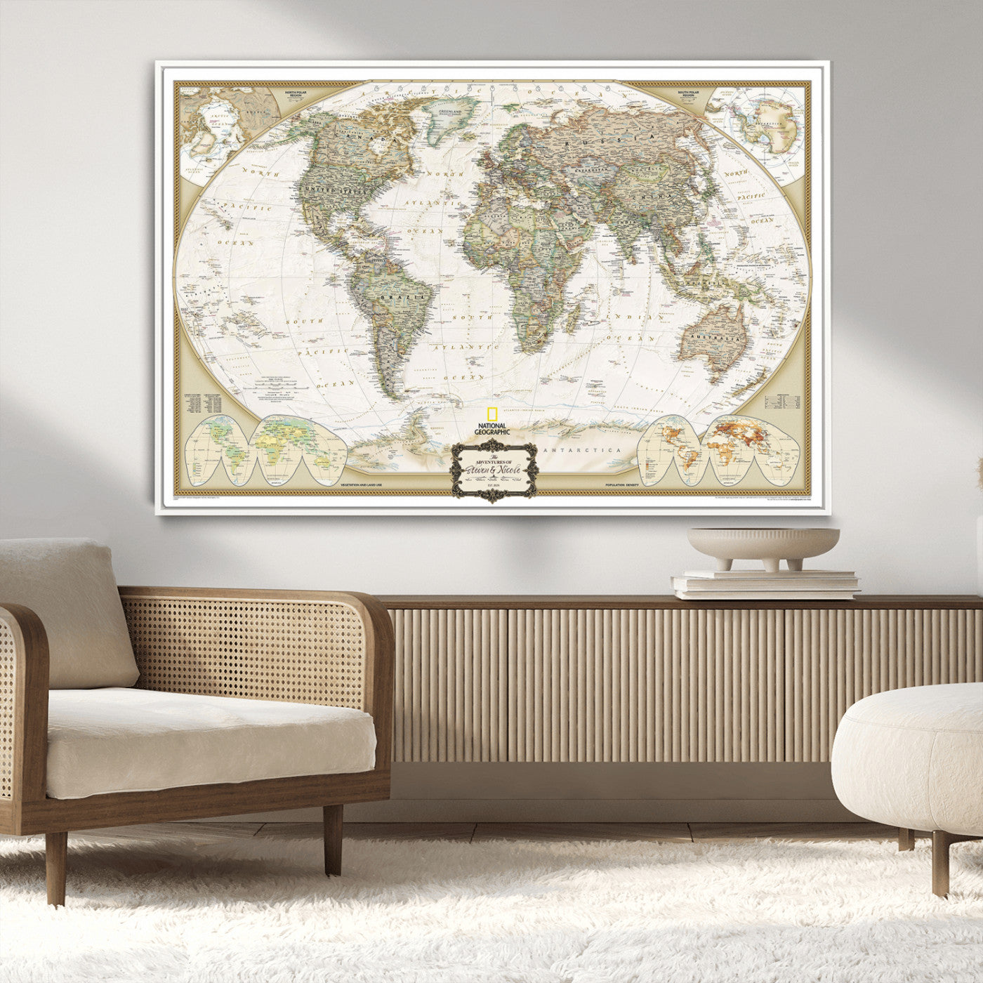 -World Map Wall Art Canvas – National Geographic Style Framed Map Print, Elegant Educational Wall Decor for Home, Office