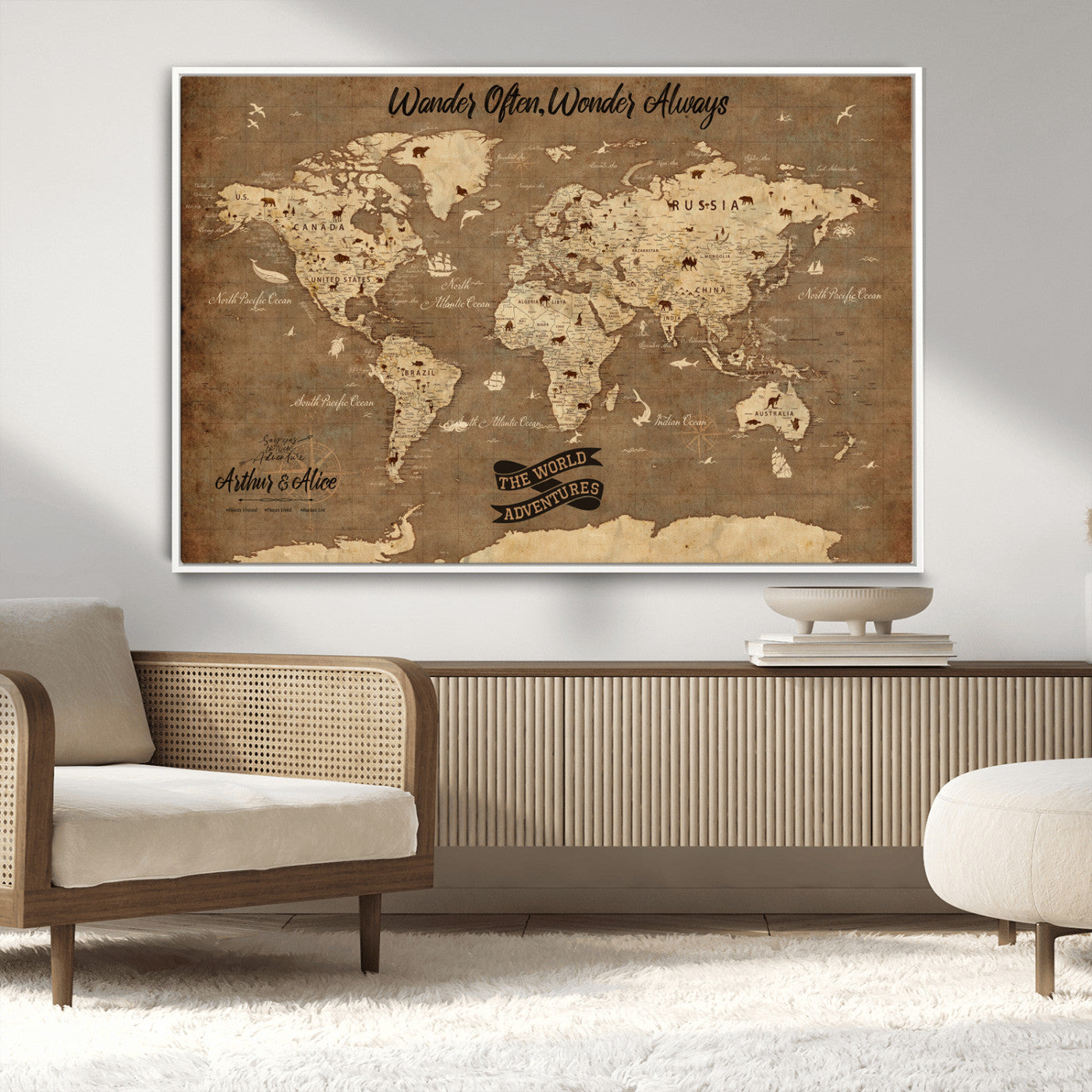 Rehber01-MGV-CV-36X24-Customize Push Pin World Map Wall Art Canvas Print – Personalized Kids Room Framed Map Adventure Travel for home, office