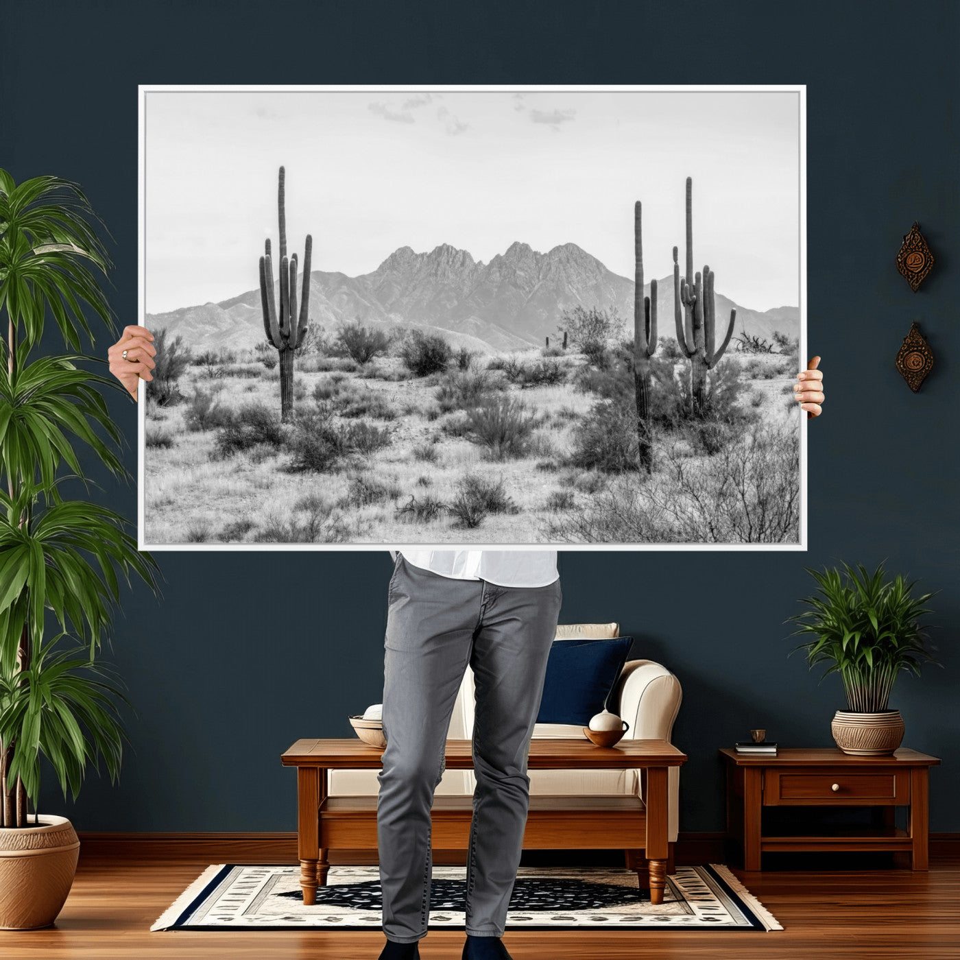 97436PHN-MGV-CV-36X24 - Black White Arizona Desert Canvas Wall Art Cactus Farmhouse Wall Art