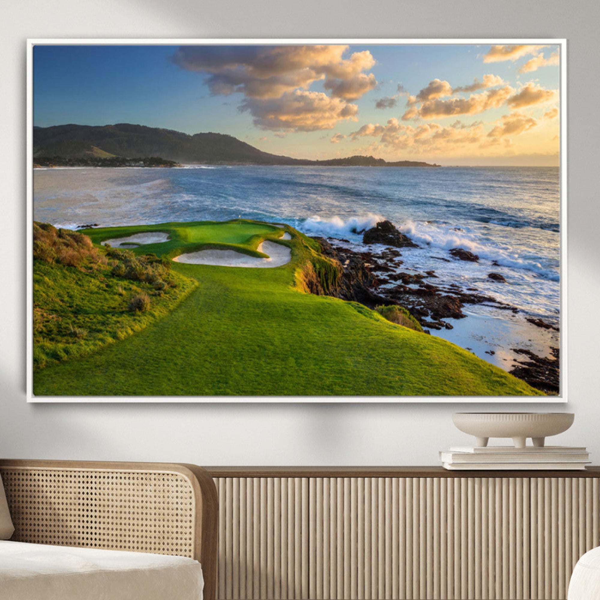67486665-MGV-CV-36X24-Coastal Golf Course Wall Art Canvas Print – Sunset with Rolling Green Fairways and Ocean Waves Artwork for Home, Office