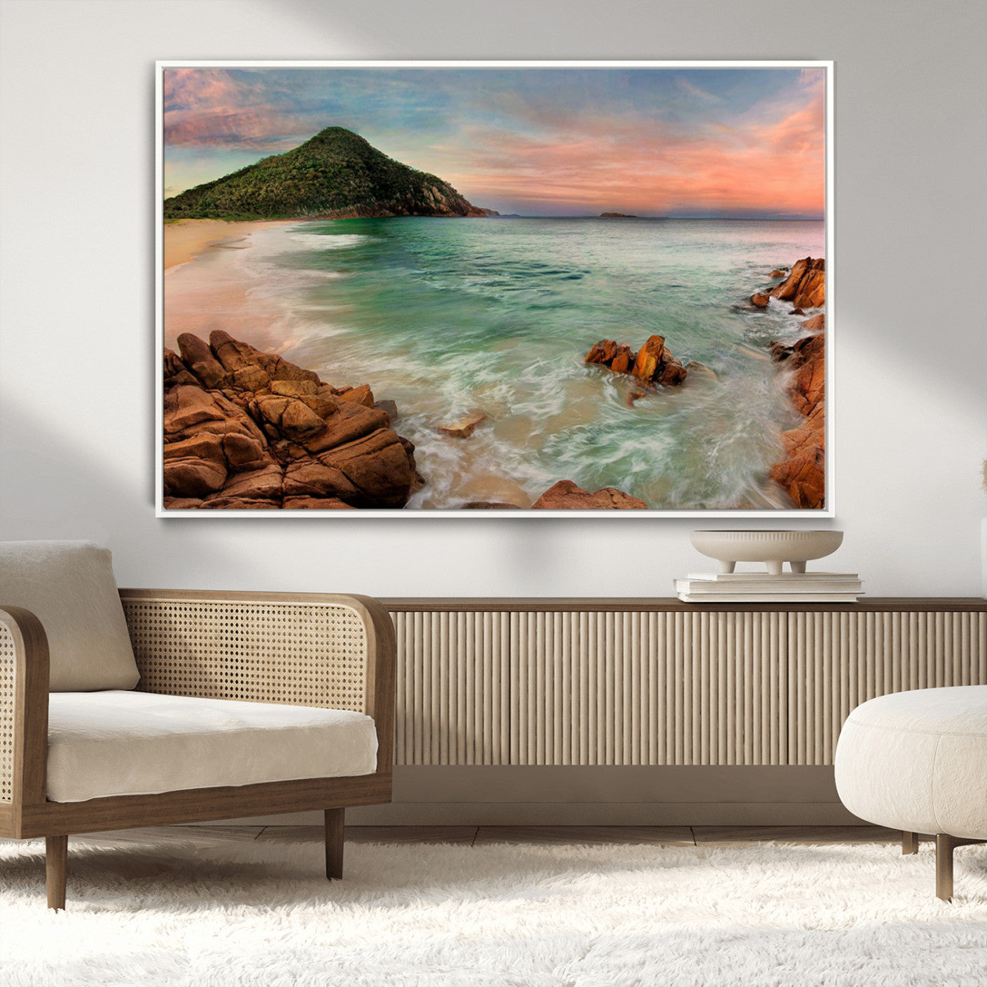 -Coastal Landscape Wall Art Canvas Print – Rocky Shore and Green Hills at Sunset Beautiful Ocean View Artwork for Home, Office