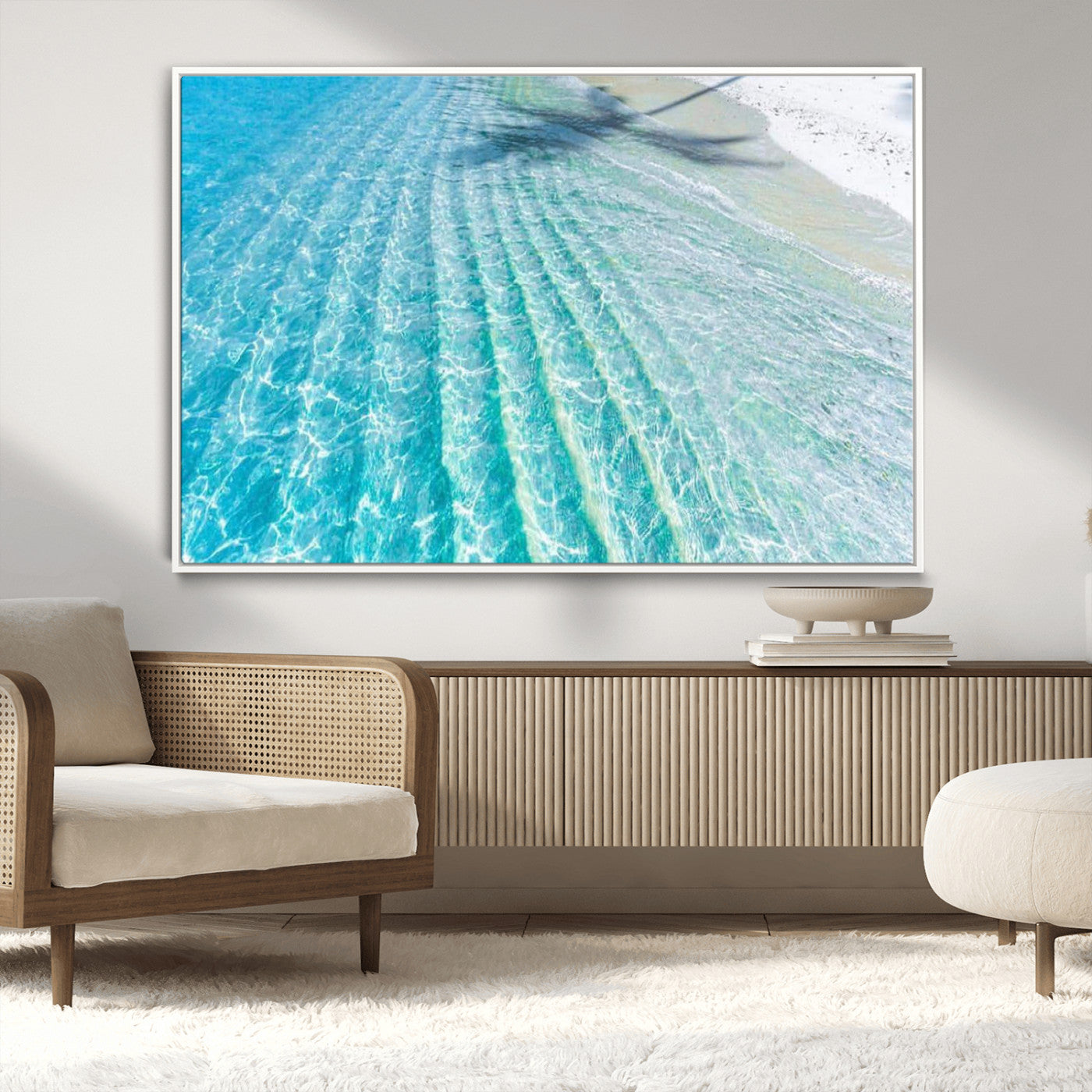 -Crystal Clear Ocean Wall Art Canvas Print – Sunlight Reflections and Palm Tree Shadow on Sandy Beach Artwork for Home, Office