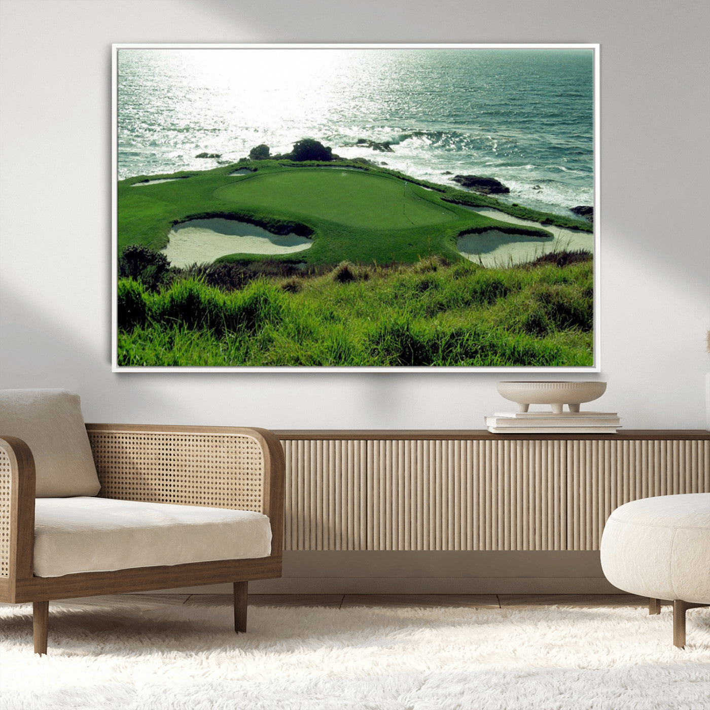 -Coastal Golf Course Wall Art Canvas Print – Scenic Green Surrounded by Sand Bunkers and Ocean Waves Artwork for Home, Office