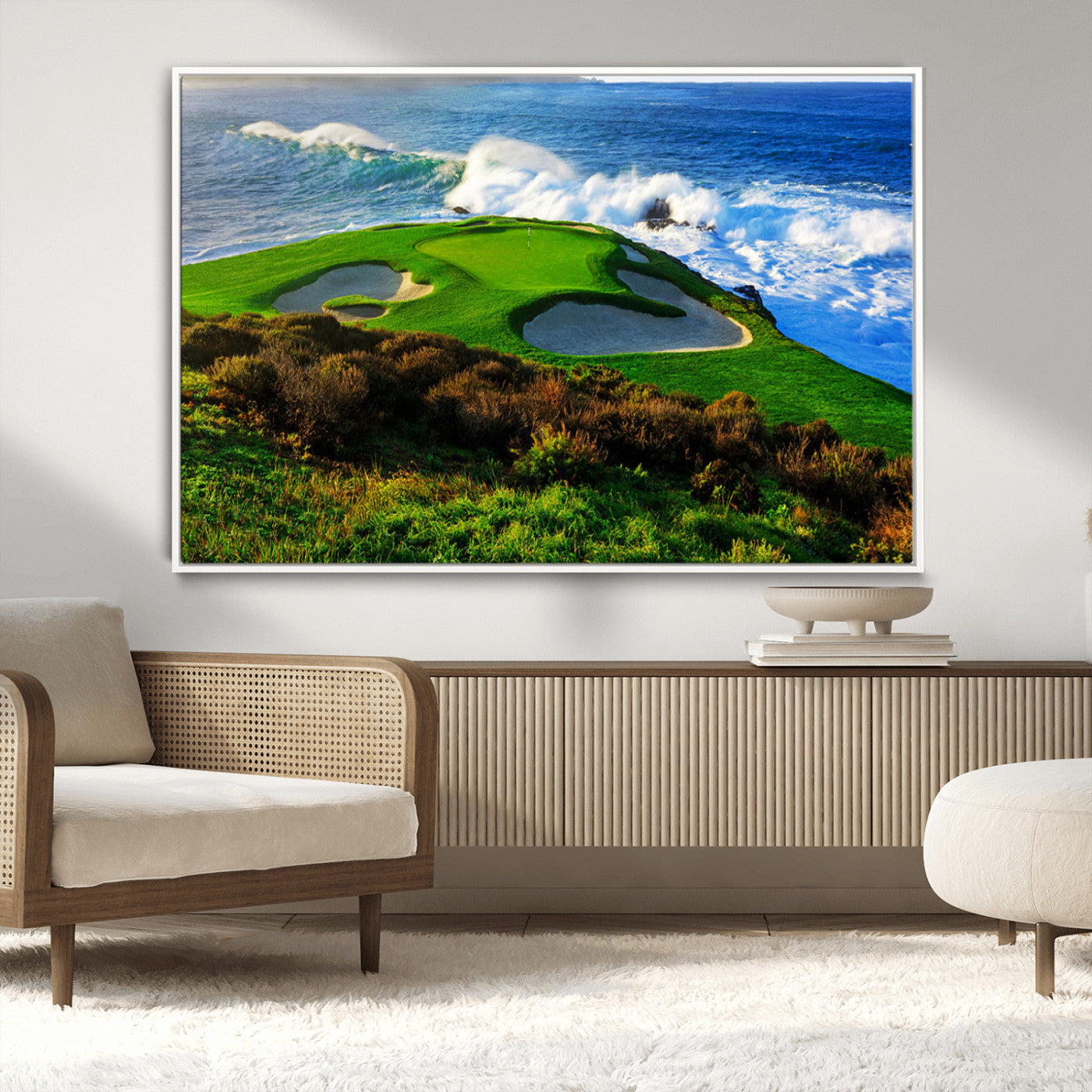 34181847-MGV-CV-36X24-Coastal Golf Course Wall Art Canvas Print – Vibrant Green with Sand Bunkers Overlooking Ocean Waves Artwork for Home, Office