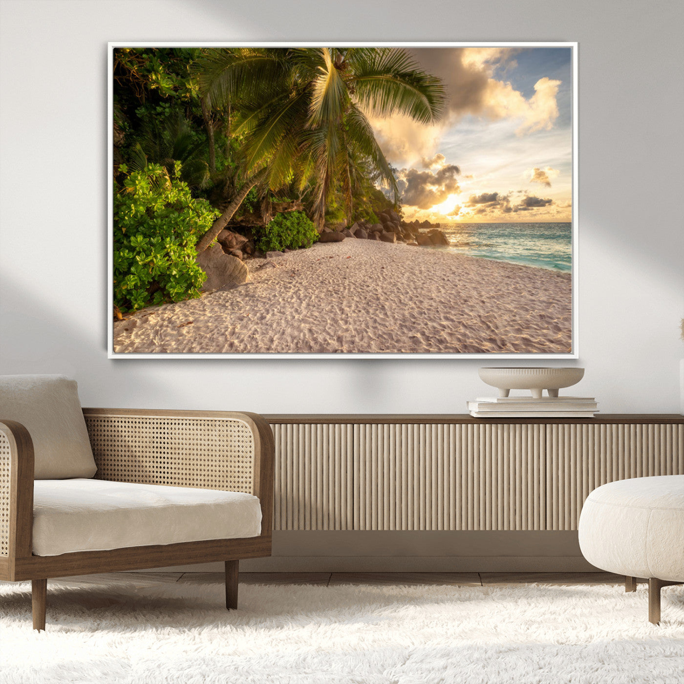 MGV-FC-36X24 - Tropical beach sunset, palm trees, white sand, ocean waves, golden sky, serene landscape, nature