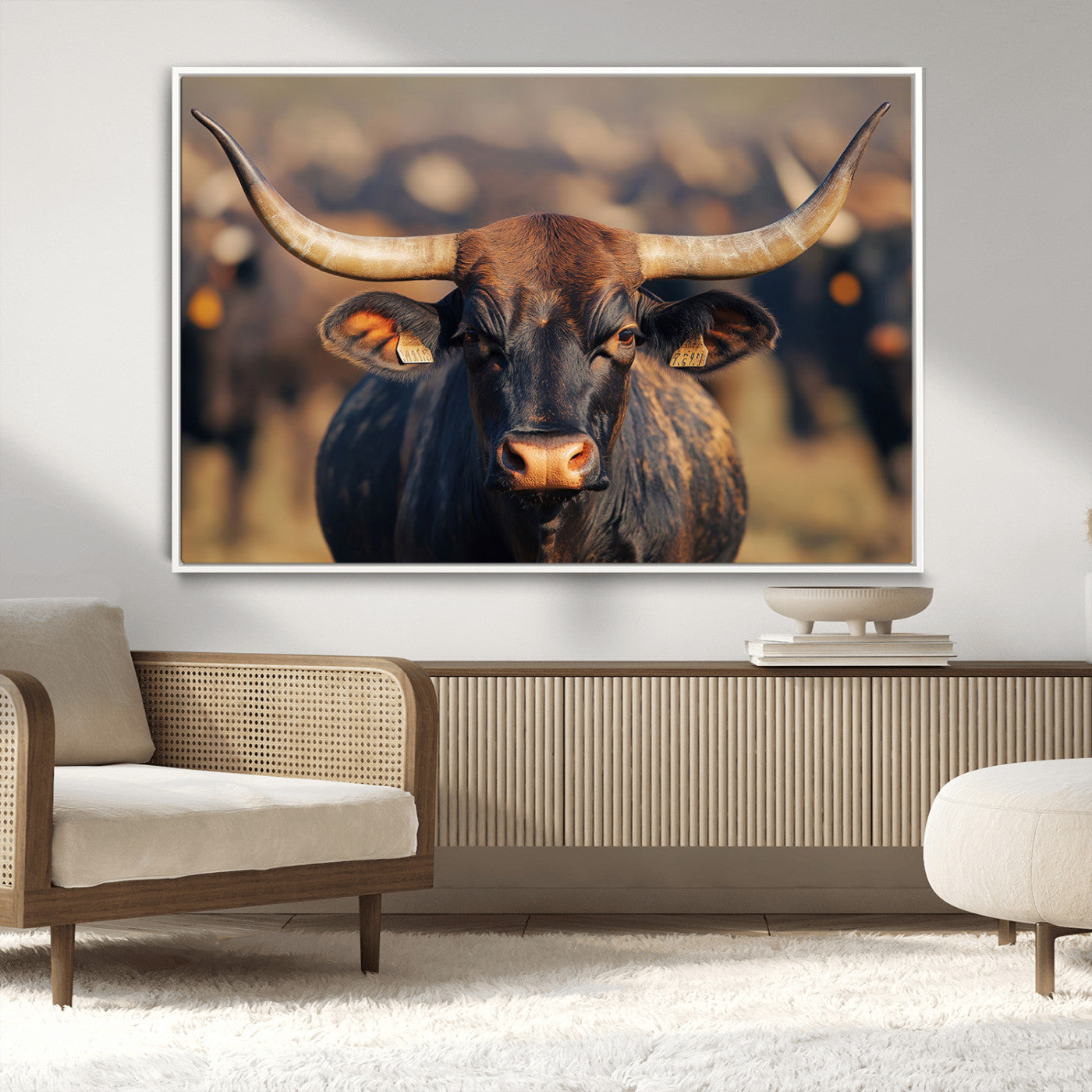 -Majestic bull head close-up, long curved horns, detailed fur texture, warm sunlight, focused gaze,