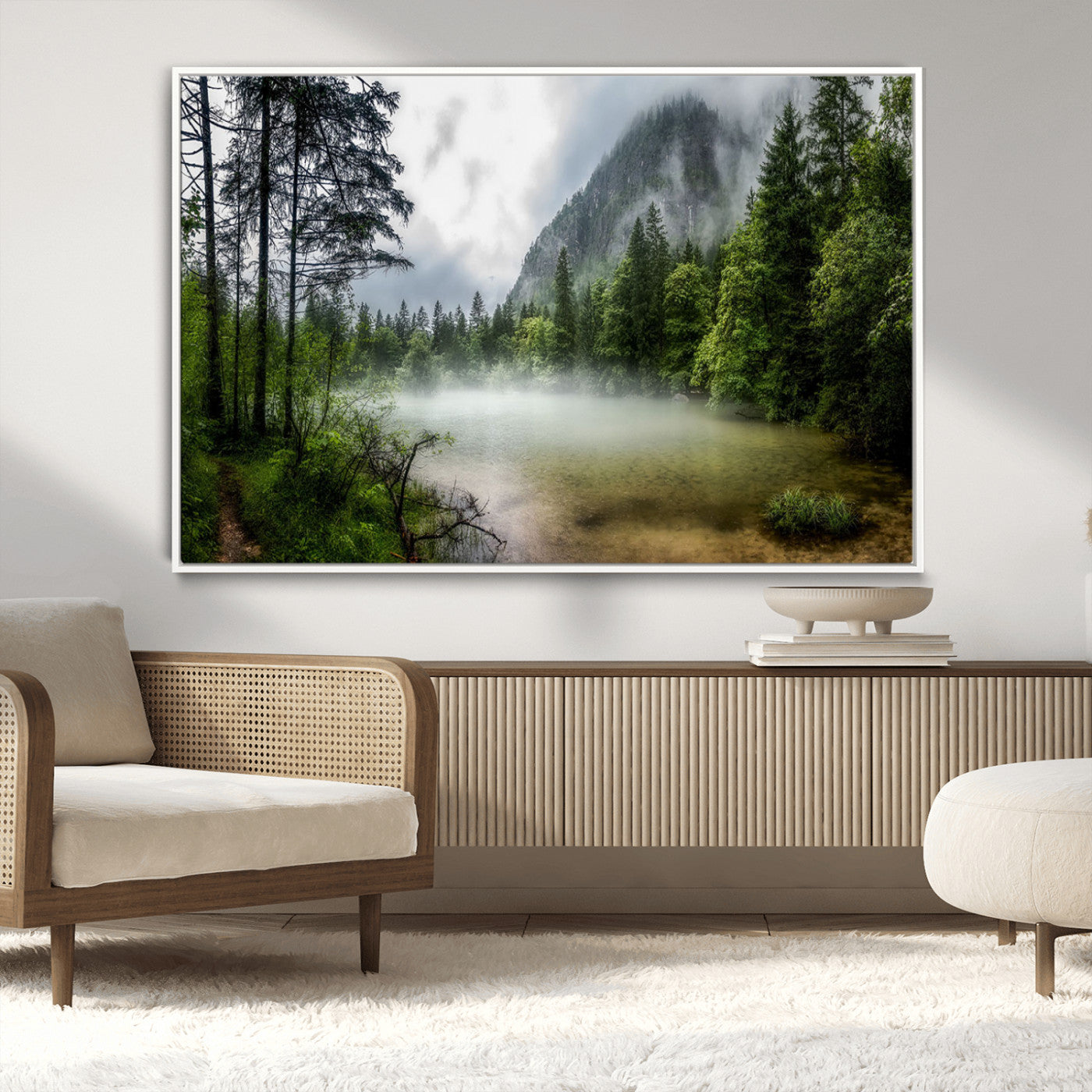 -Misty Lake Forest Green Trees Calm Water Reflection Mountain Fog Nature Landscape Outdoor Scenic