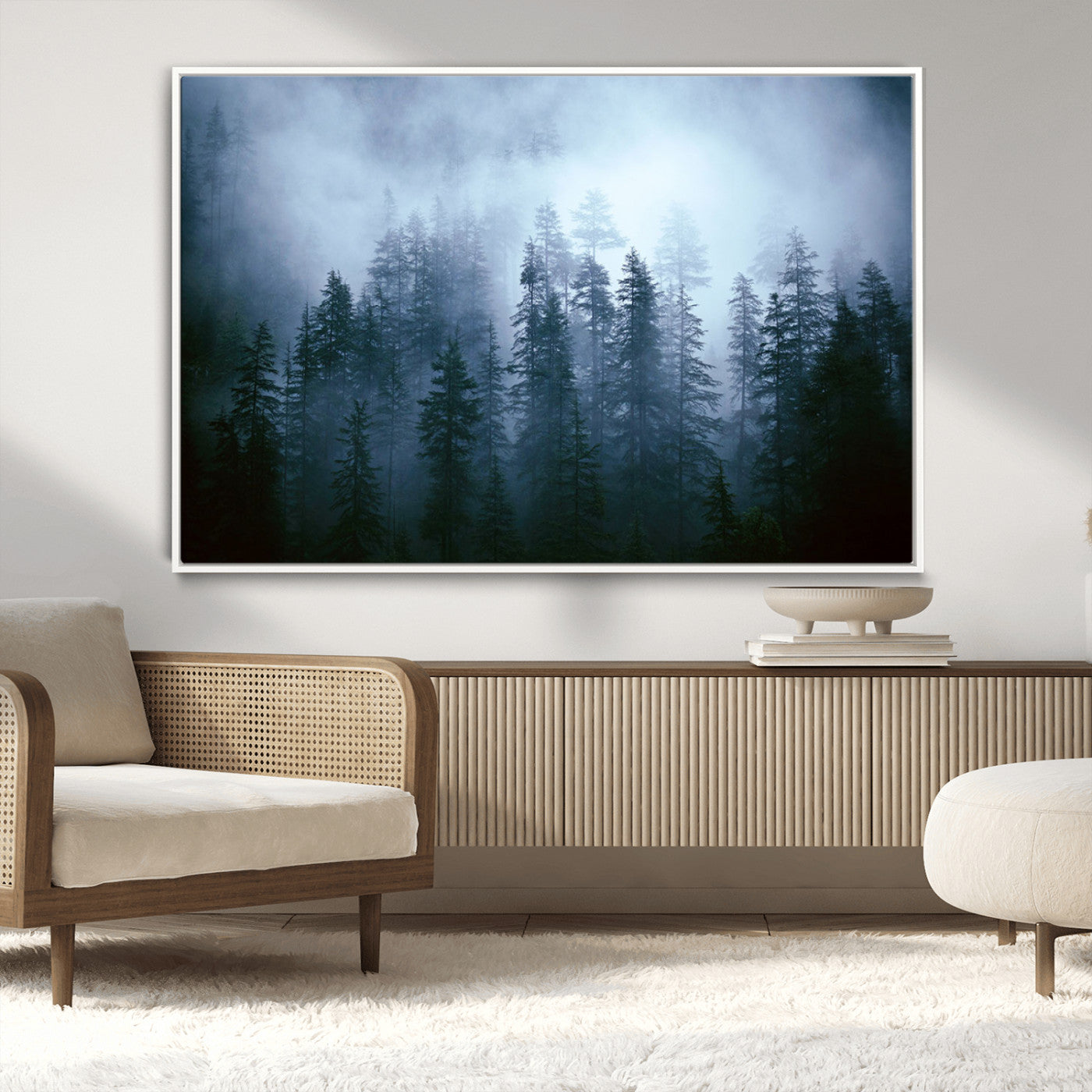 93439624-MGV-CV-36X24-Foggy Evergreen Pines Mist Forest Blue Haze Moody Atmospheric Wilderness Nature Trees Scenic