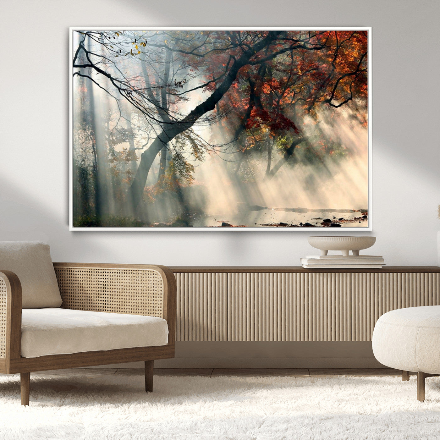 -Sunlit Autumn Forest Wall Art Canvas Print – Framed Mist Trees Scene with Peaceful Rays Artwork for Home, Office