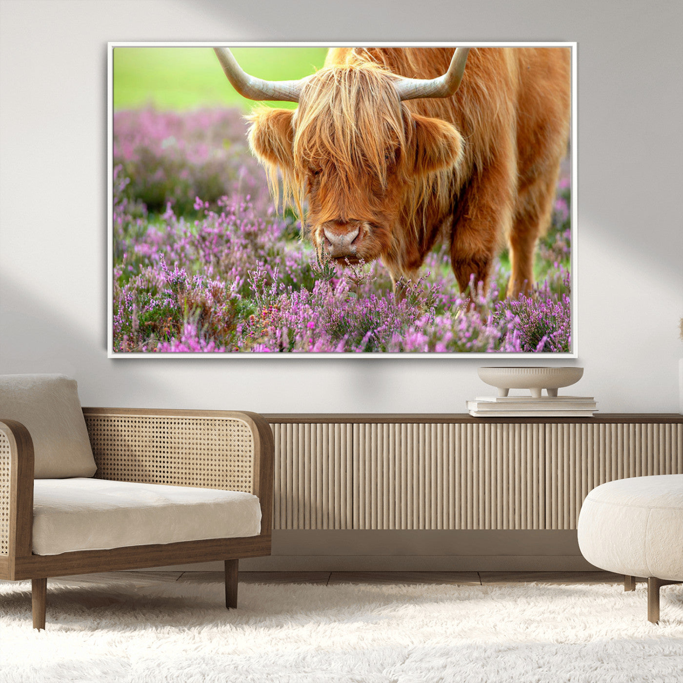 -Highland Cow Wall Art Canvas Print – Framed Purple Flowers Scene with Grazing Animal Artwork for Home, Office