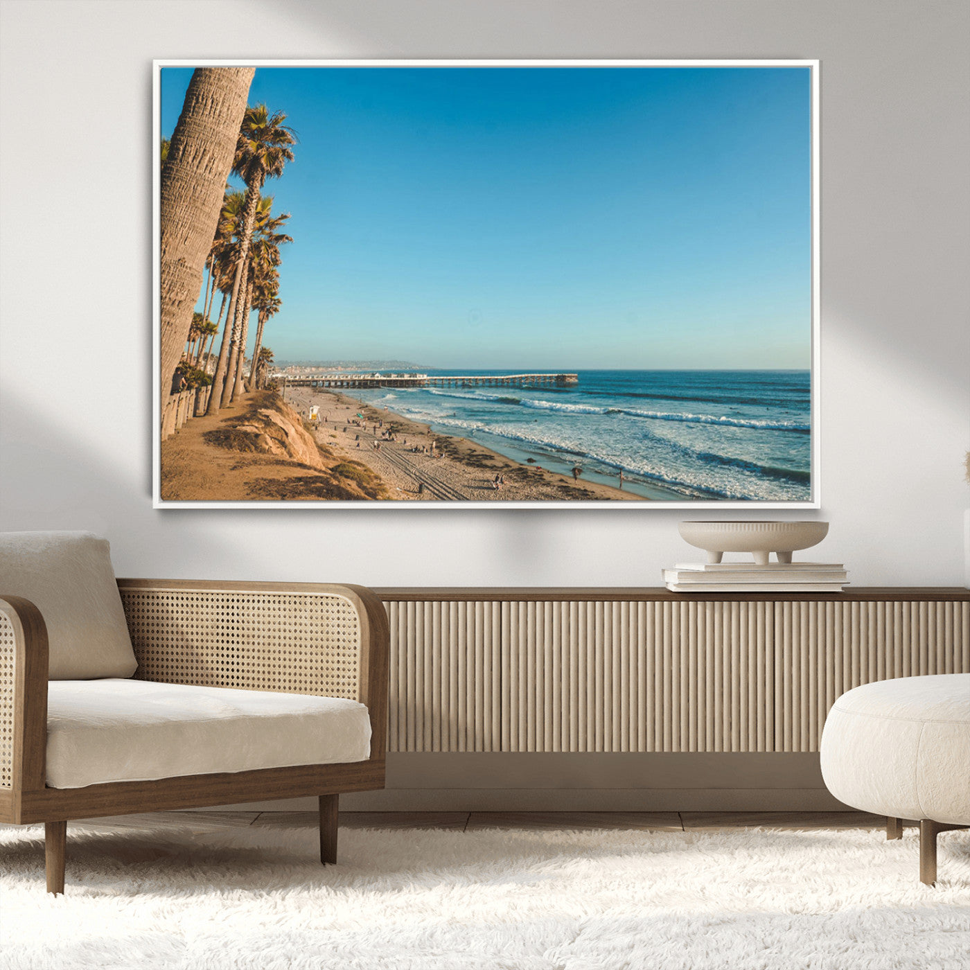 MGV-FC-36X24 - Scenic Beach with Tall Palm Trees, Sandy Shore, and Long Pier Stretching into the Calm Ocean Under