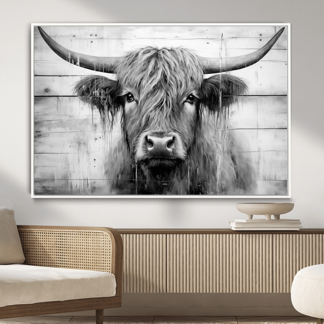 1001HASAN27-MGV-FC-36X24 - Black White Highland Cow Wall Art Canvas Print