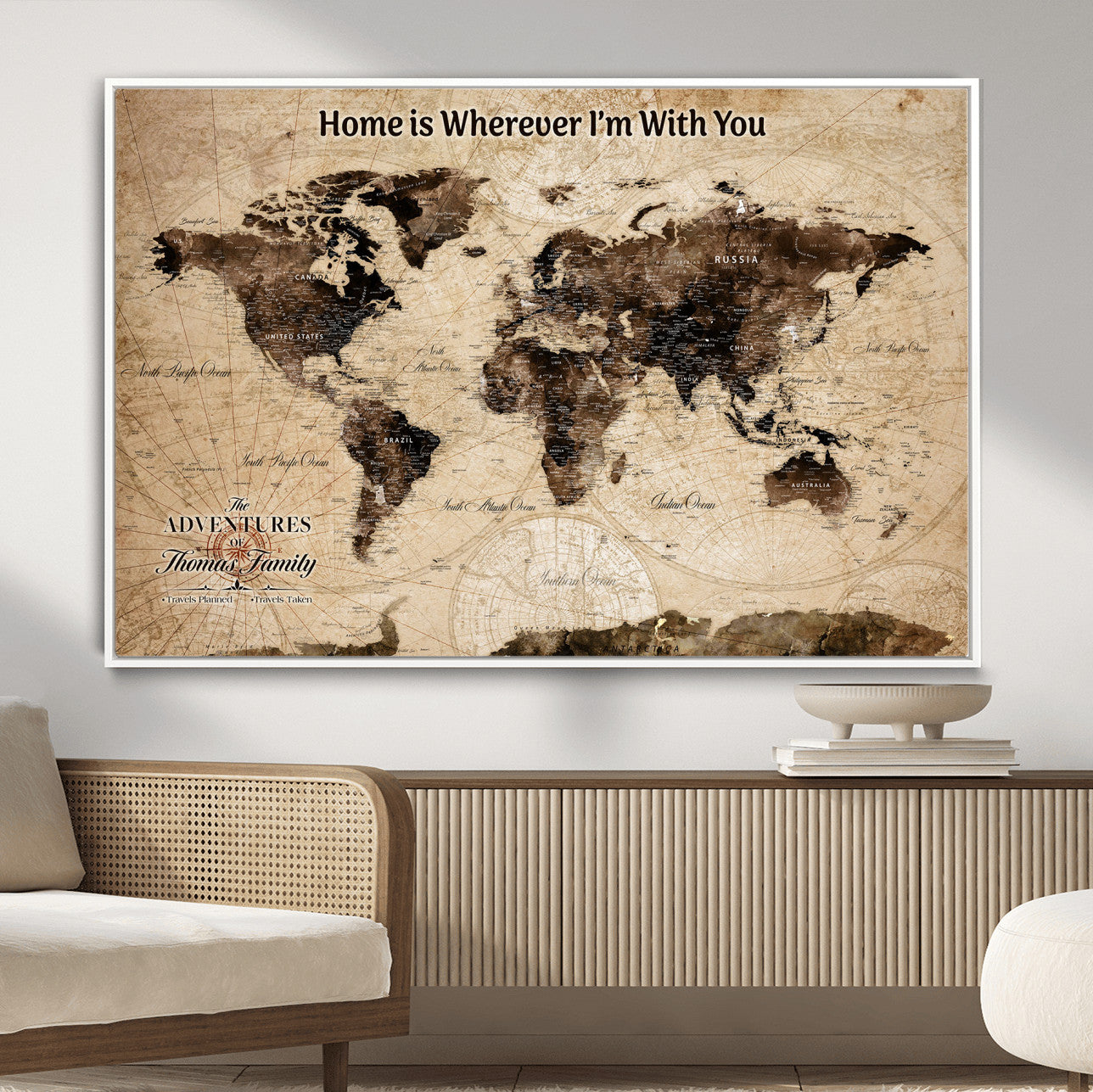 31398786-MGV-FC-36X24 - Personalized World Map Wall Art – Custom Framed Push Pin Travel Tracker Canvas Print Unique Gift for Home, Office