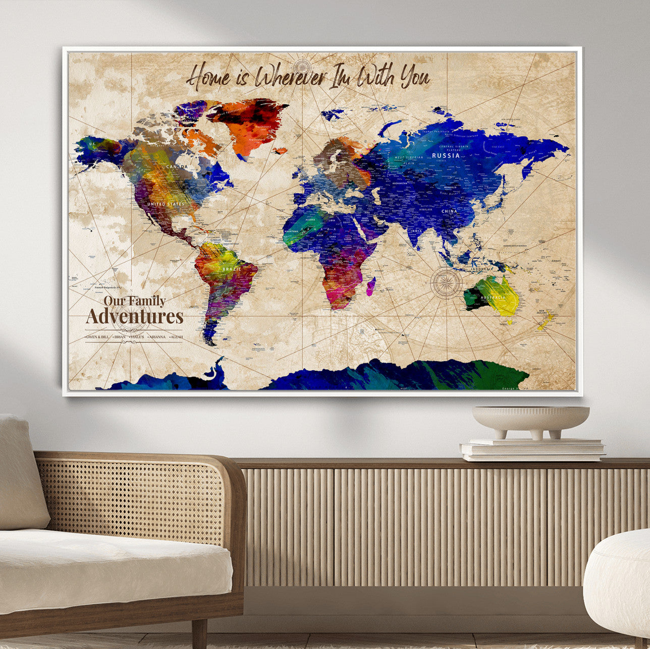 42795268-MGV-FC-36X24 - Personalized Push Pin World Map Canvas Print – Custom Adventure Travel Map, Framed Wall Art Gift for Couples or Family