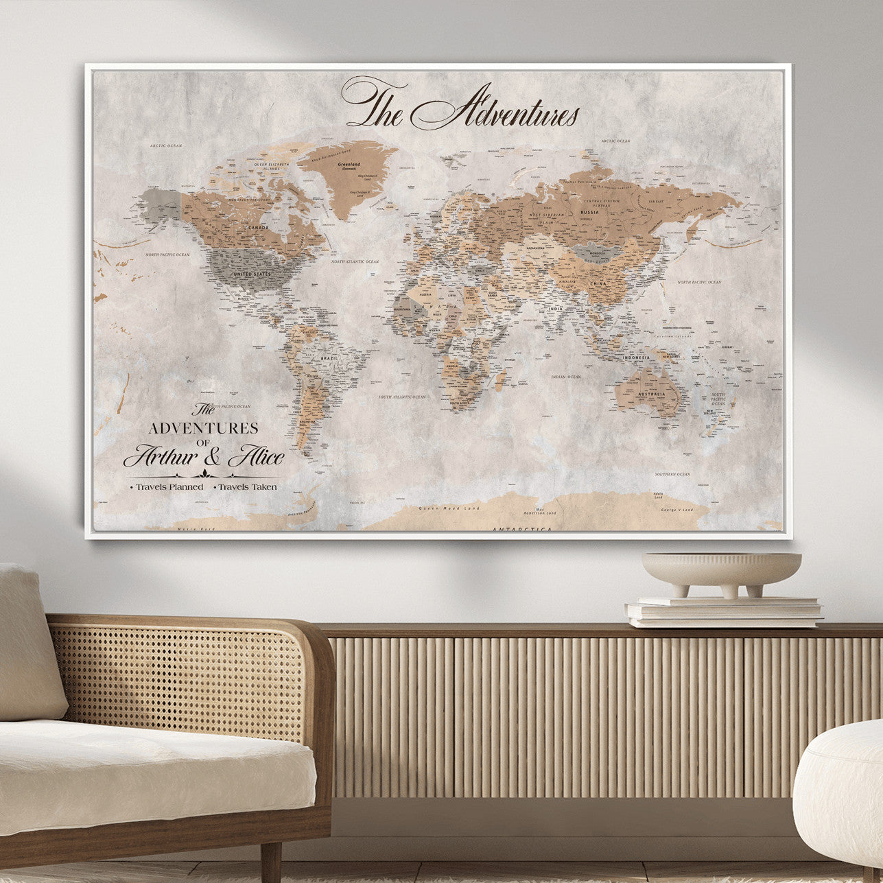 91774967-MGV-FC-36X24 - Personalized Push Pin World Map Canvas Print – Custom Framed Travel Tracker Artwork for Couples or Home Decor