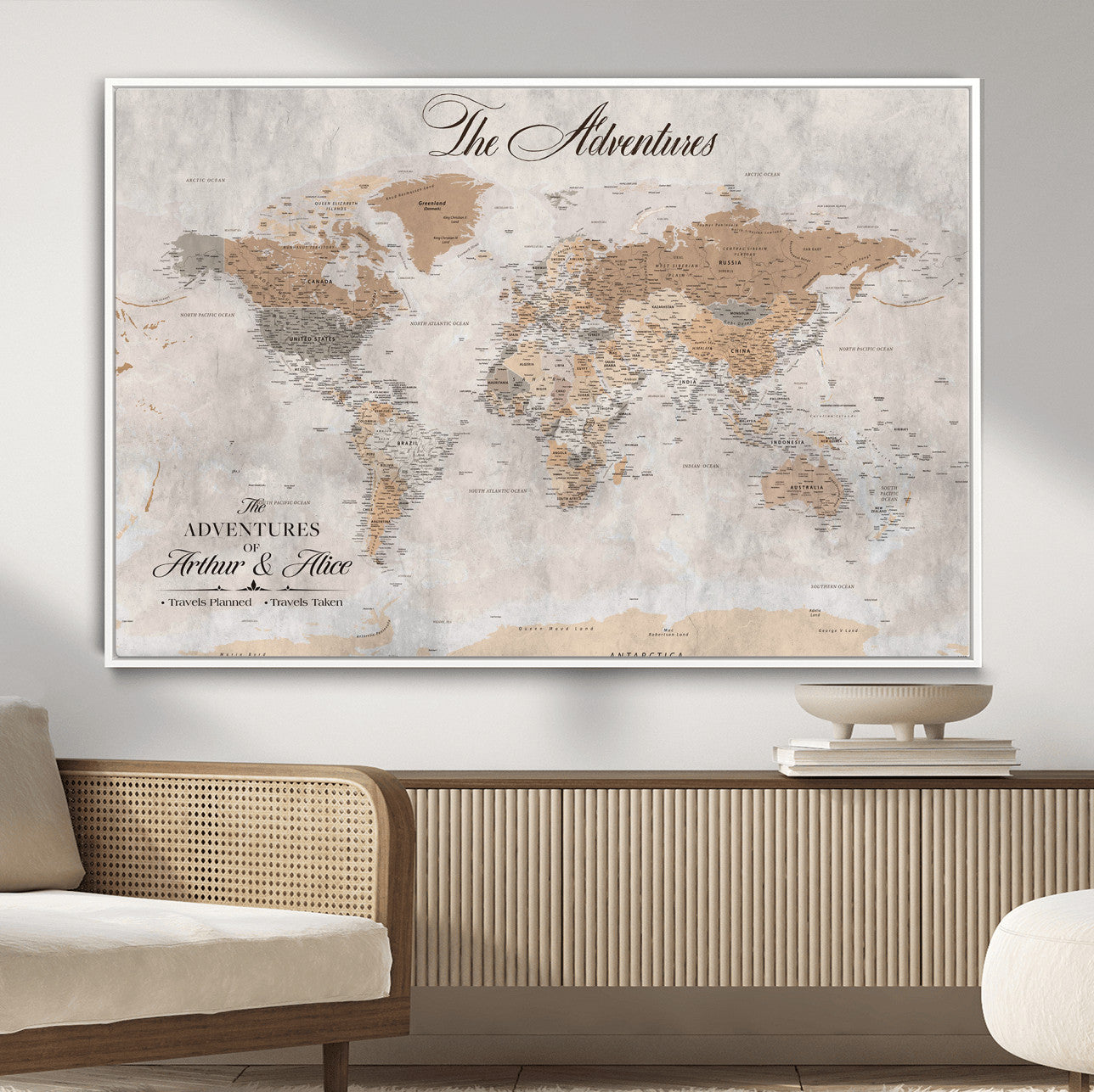 91774967-MGV-FC-36X24 - Personalized Push Pin World Map Canvas Print – Custom Framed Travel Tracker Artwork for Couples or Home Decor