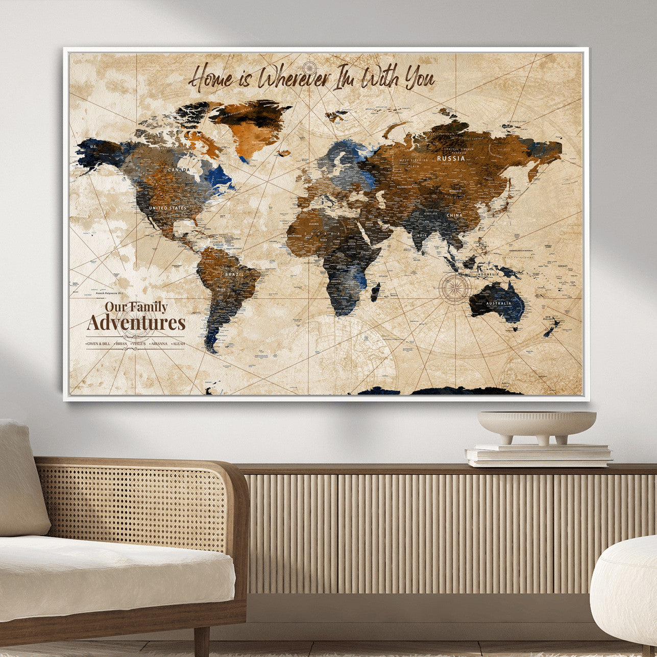 37709027-MGV-FC-36X24 - Customized Push Pin World Map Wall Art Canvas Print with Pins, Vintage Personalized Travel Tracker Map, Framed World Map for Living Room, Office and Home Decor