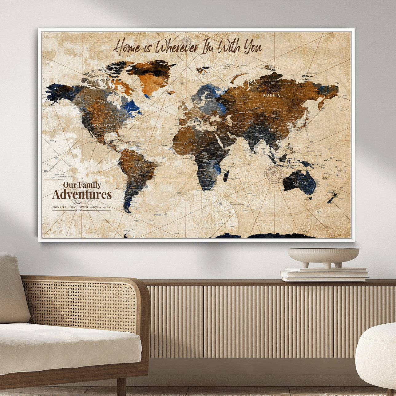 37709027-MGV-FC-36X24 - Customized Push Pin World Map Wall Art Canvas Print with Pins, Vintage Personalized Travel Tracker Map, Framed World Map for Living Room, Office and Home Decor