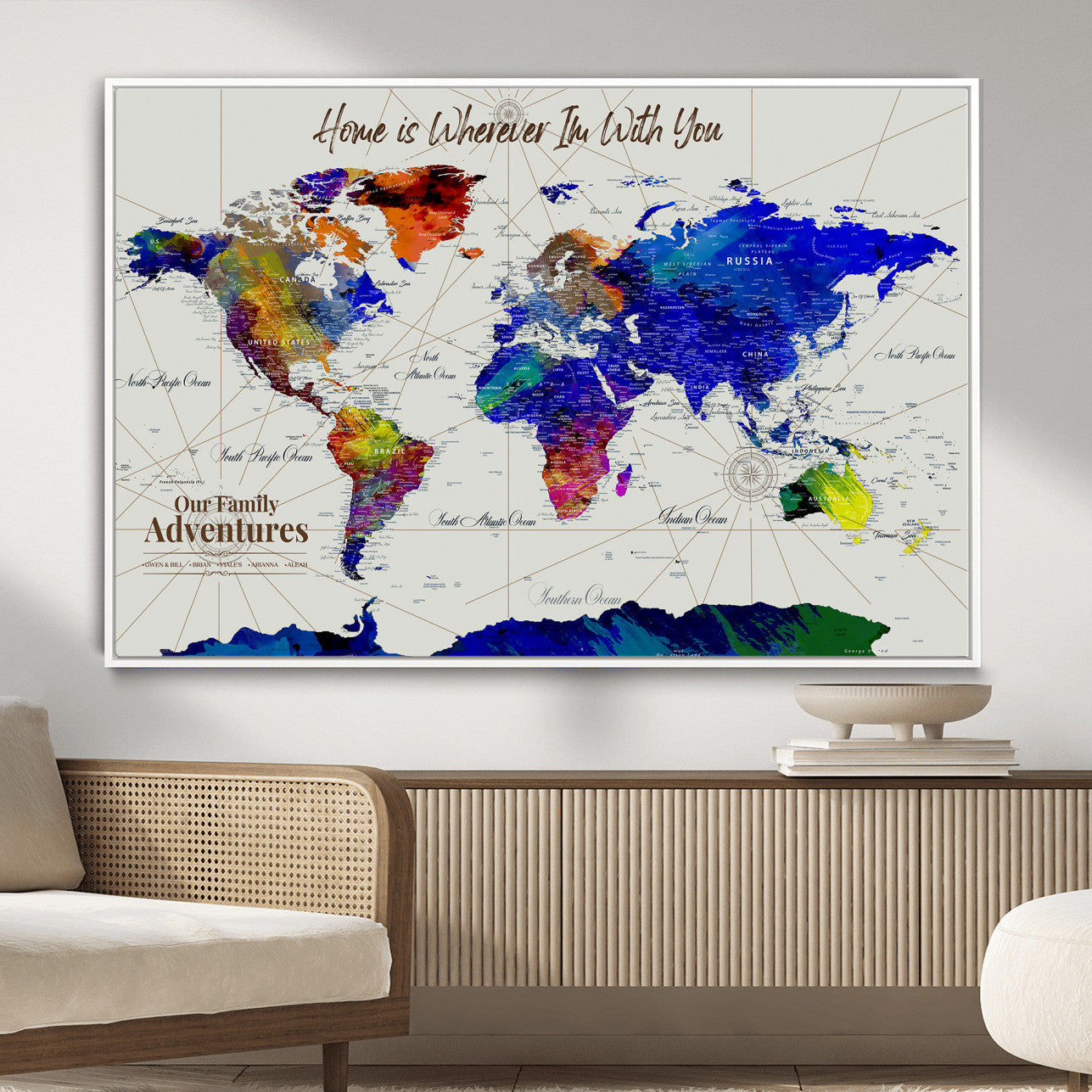 74686301-MGV-FC-36X24 - Customized Push Pin World Map Wall Art Canvas Print with Pins, Personalized Travel Tracker Map, Framed World Map for Living Room, Office and Home Decor