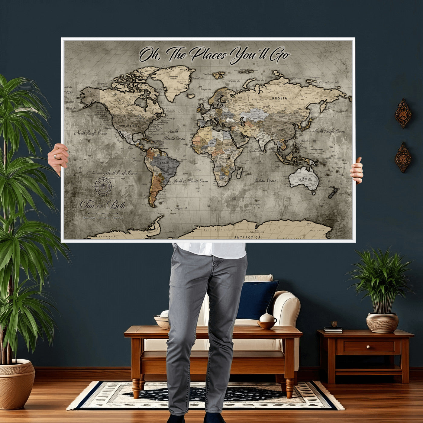 64506765-MGV-FC-36X24 - Personalize Push Pin World Map Wall Art Canvas Print with Pins – Customize Travel Tracker Map for Home and Office Décor