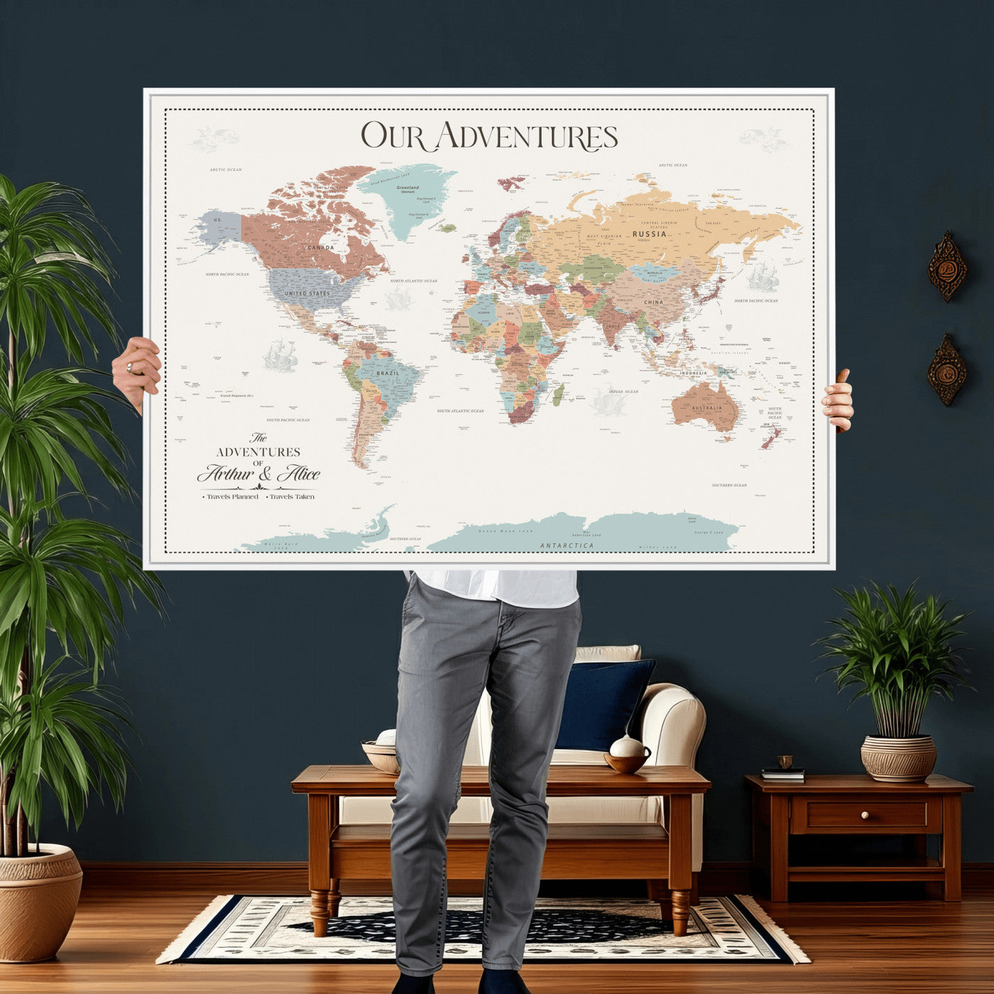 63033739-MGV-FC-36X24 - Personalized Push Pin World Map Wall Art Canvas Print with Pins – Customize Travel Tracker Map for Home and Office Décor