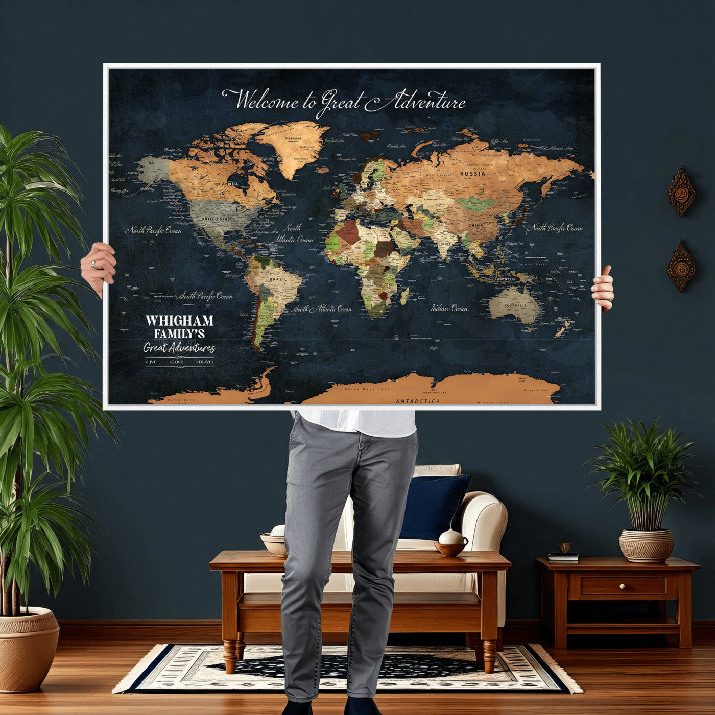 34398994-MGV-FC-36X24 - Personalized Push Pin World Map Wall Art Canvas Print with Pins – Customize Travel Tracker Map for Home and Office Décor