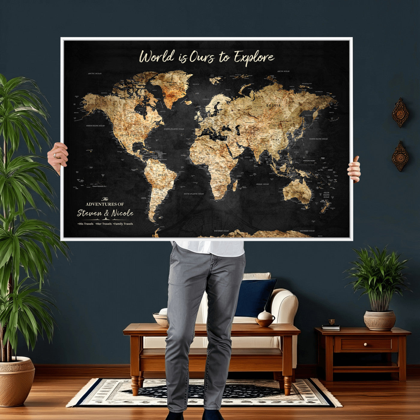 64106311-MGV-FC-36X24 - Personalized Push Pin World Map Wall Art Canvas Print with Pins – Customize Travel Tracker Map for Home and Office Décor