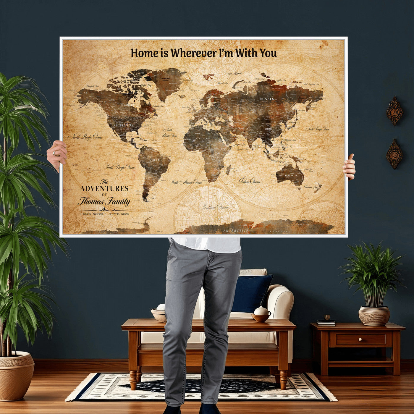61703173-MGV-FC-36X24 - Personalized Push Pin World Map Wall Art Canvas Print with Pins – Customize Travel Tracker Map for Home and Office Décor