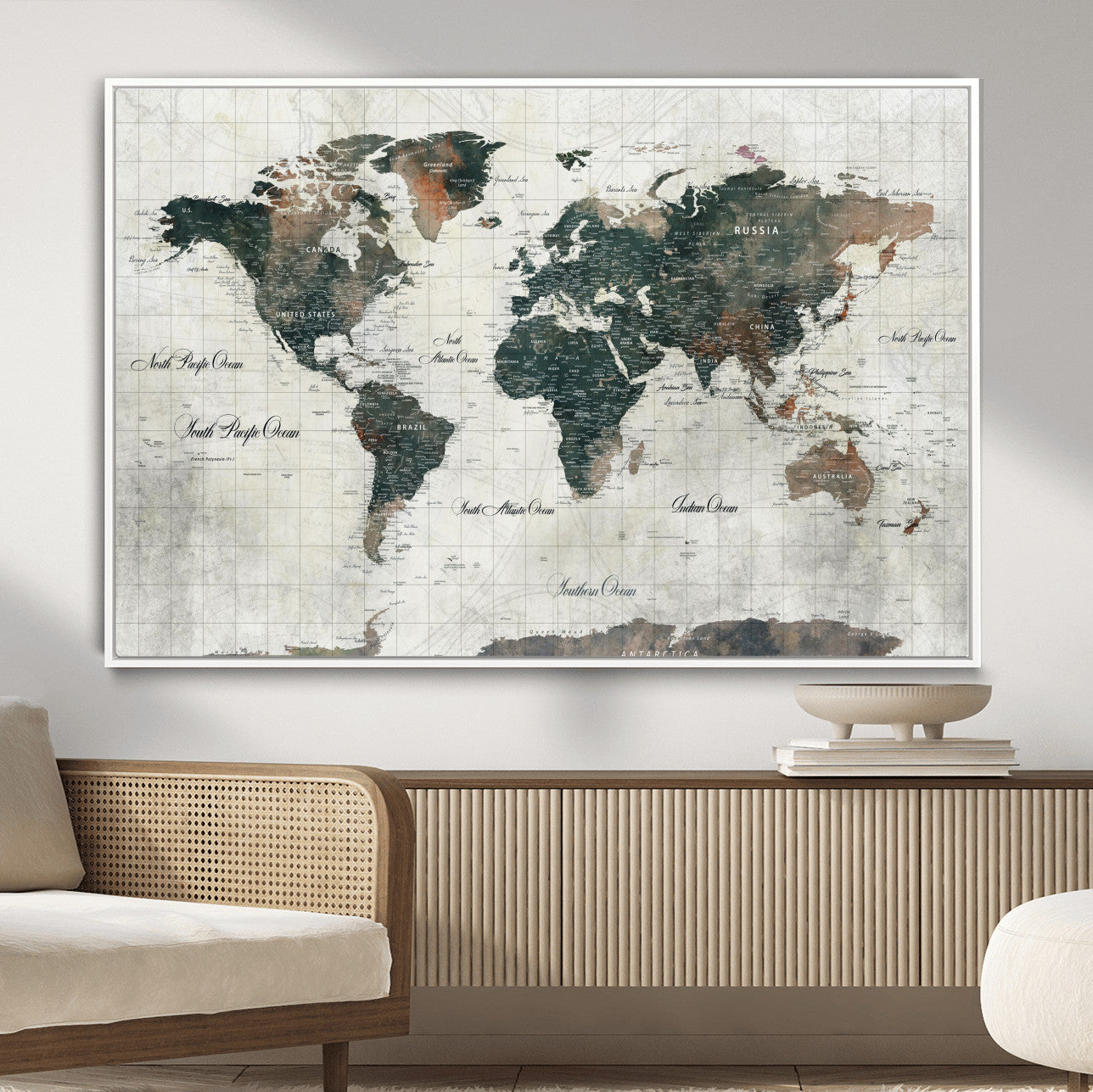 90149079-MGV-FC-36X24 - World Map Wall Art Canvas Print, Modern Decorative Framed Map Artwork Prints for Living Room, Office, Bedroom Wall Decor
