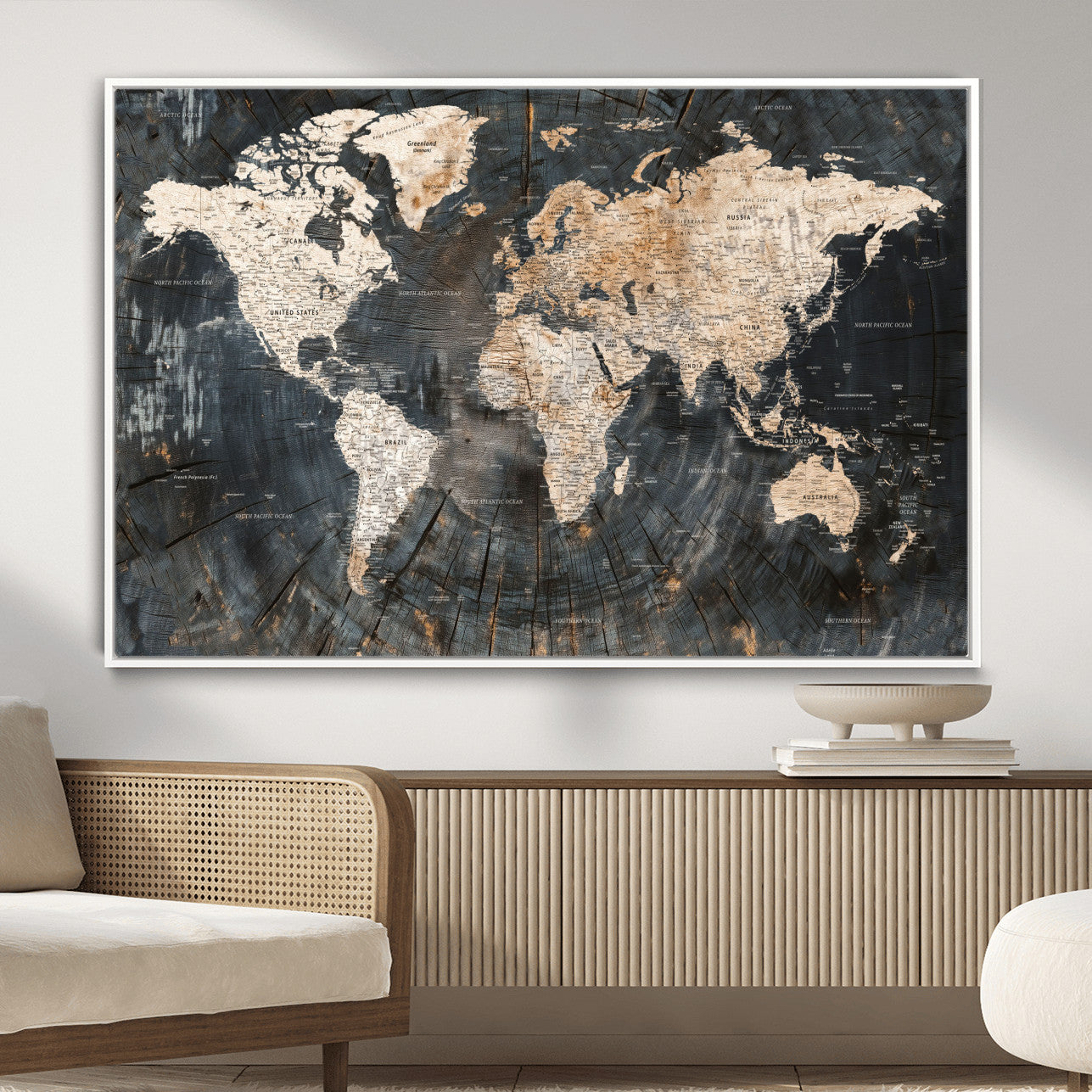 57626704-MGV-FC-36X24 - World Map Wall Art Canvas Print, Modern Decorative Framed Map Artwork Prints for Living Room, Office, Bedroom Wall Decor