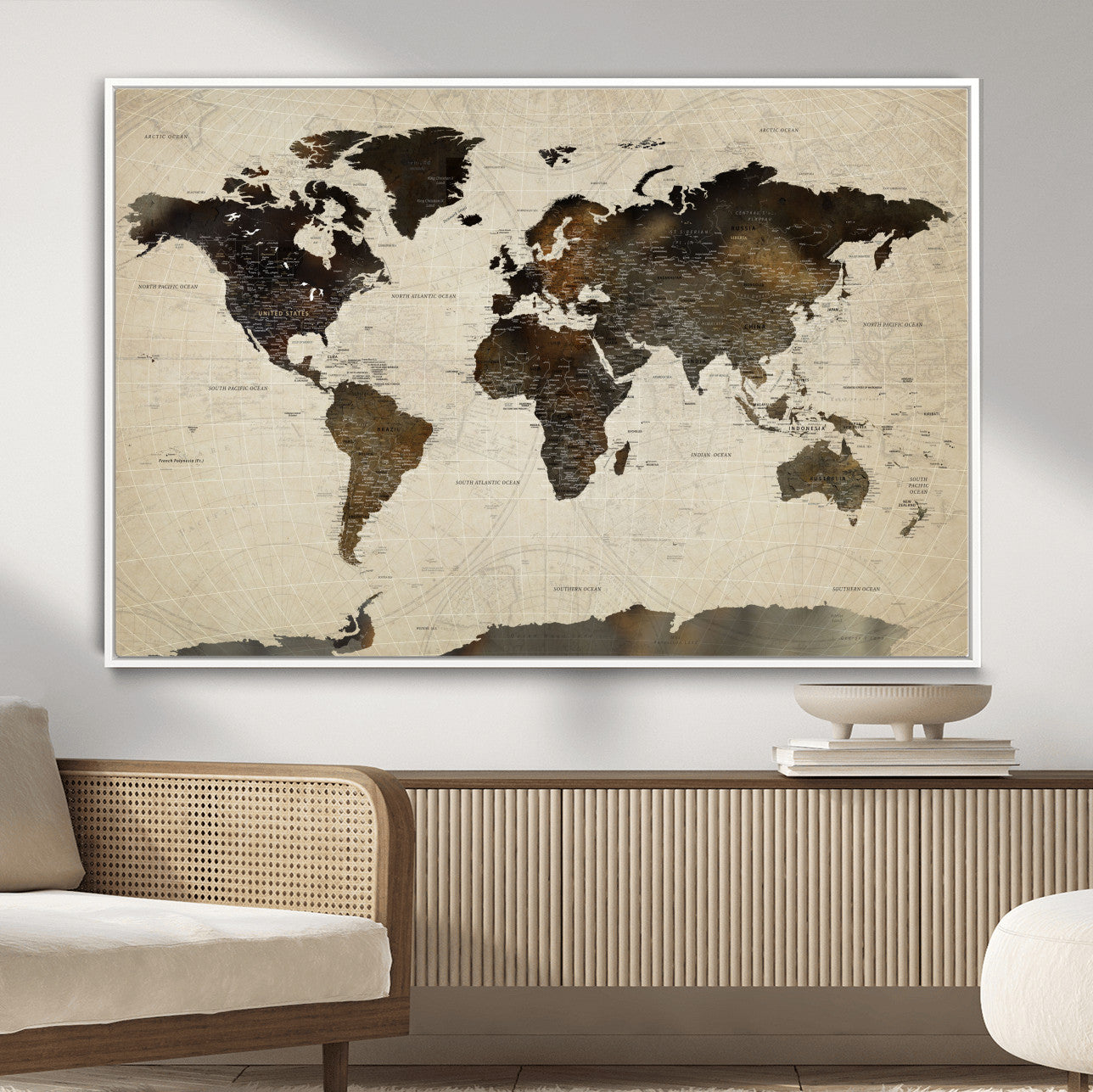 81771296-MGV-FC-36X24 - World Map Wall Art Canvas Print, Modern Decorative Framed Map Artwork Prints for Living Room, Office, Bedroom Wall Decor