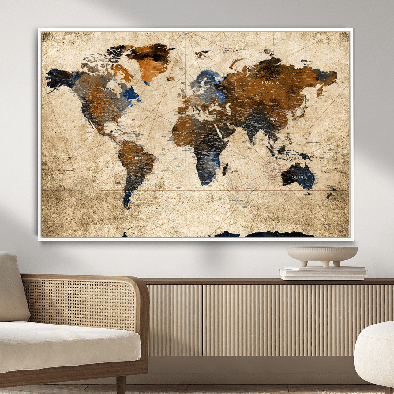 56297284-MGV-FC-36X24 - World Map Wall Art Canvas Print, Modern Decorative Framed Map Artwork Prints for Living Room, Office, Bedroom Wall Decor