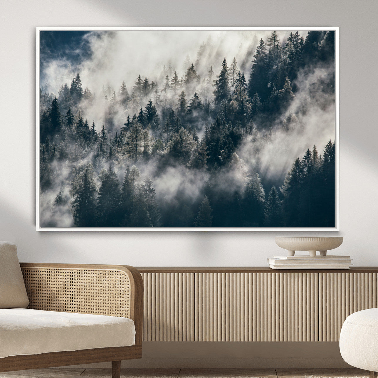 270372951-MGV-FC-36X24 - Misty Pine Forest Canvas Wall Art – Dark Forest Mountaing and Nature Landscape Print, Horizontal Canvas Print