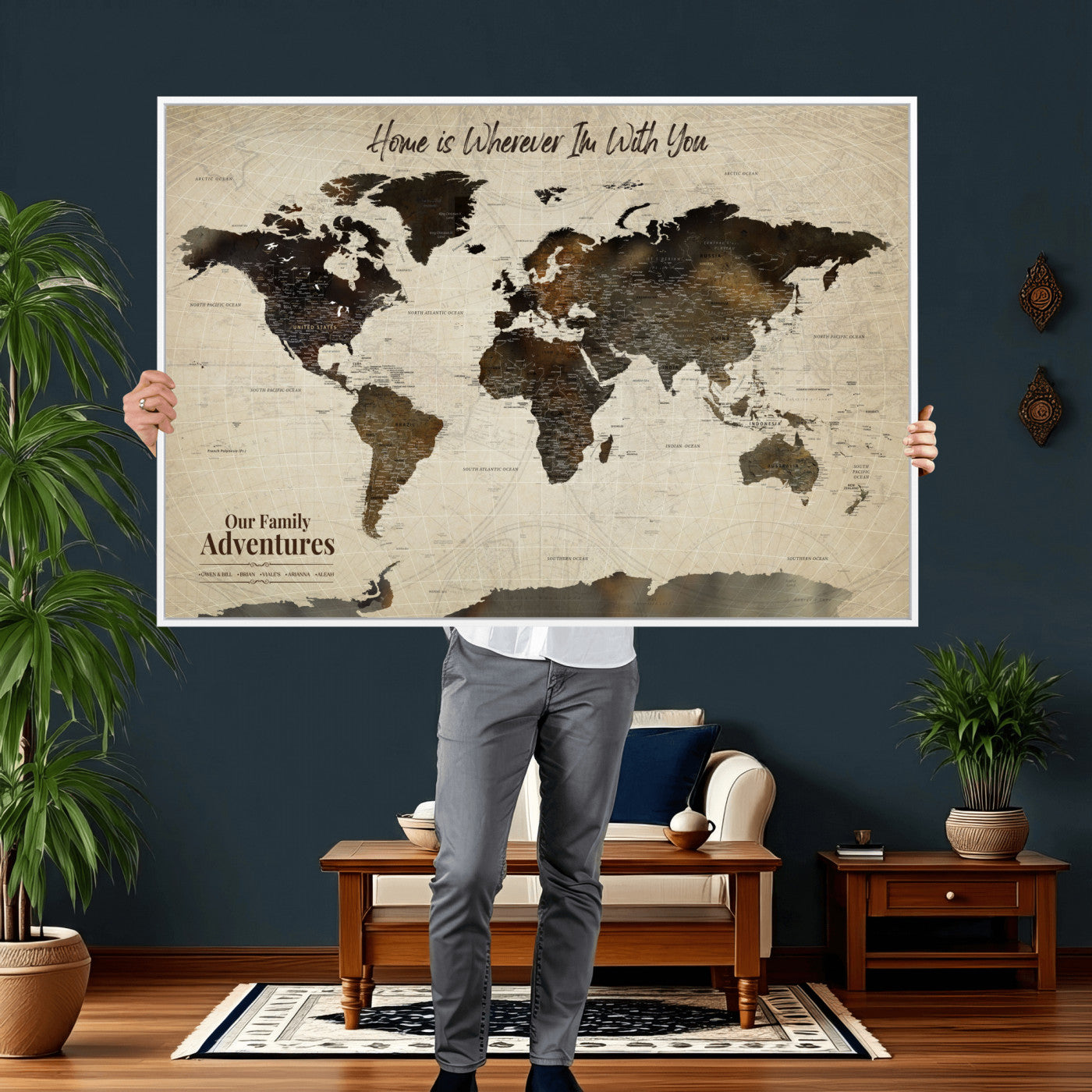 44658041-MGV-FC-36X24 - Customized Push Pin World Map Wall Art Canvas Print with Pins, Framed Personalize Travel Tracker Map, World Map for Living Room and Office Decor