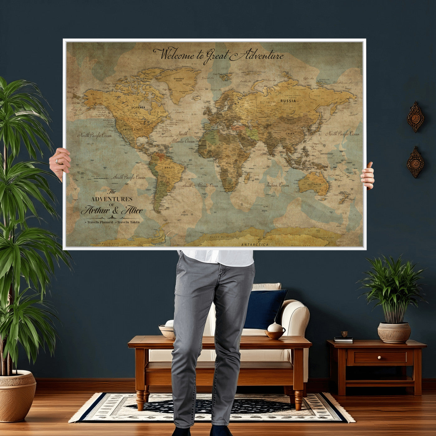 37903085-MGV-CV-36X24 - Custom Push Pin World Map Wall Art Canvas Print – Personalized Travel Tracker with Pins Framed Large for Home and Office Decor