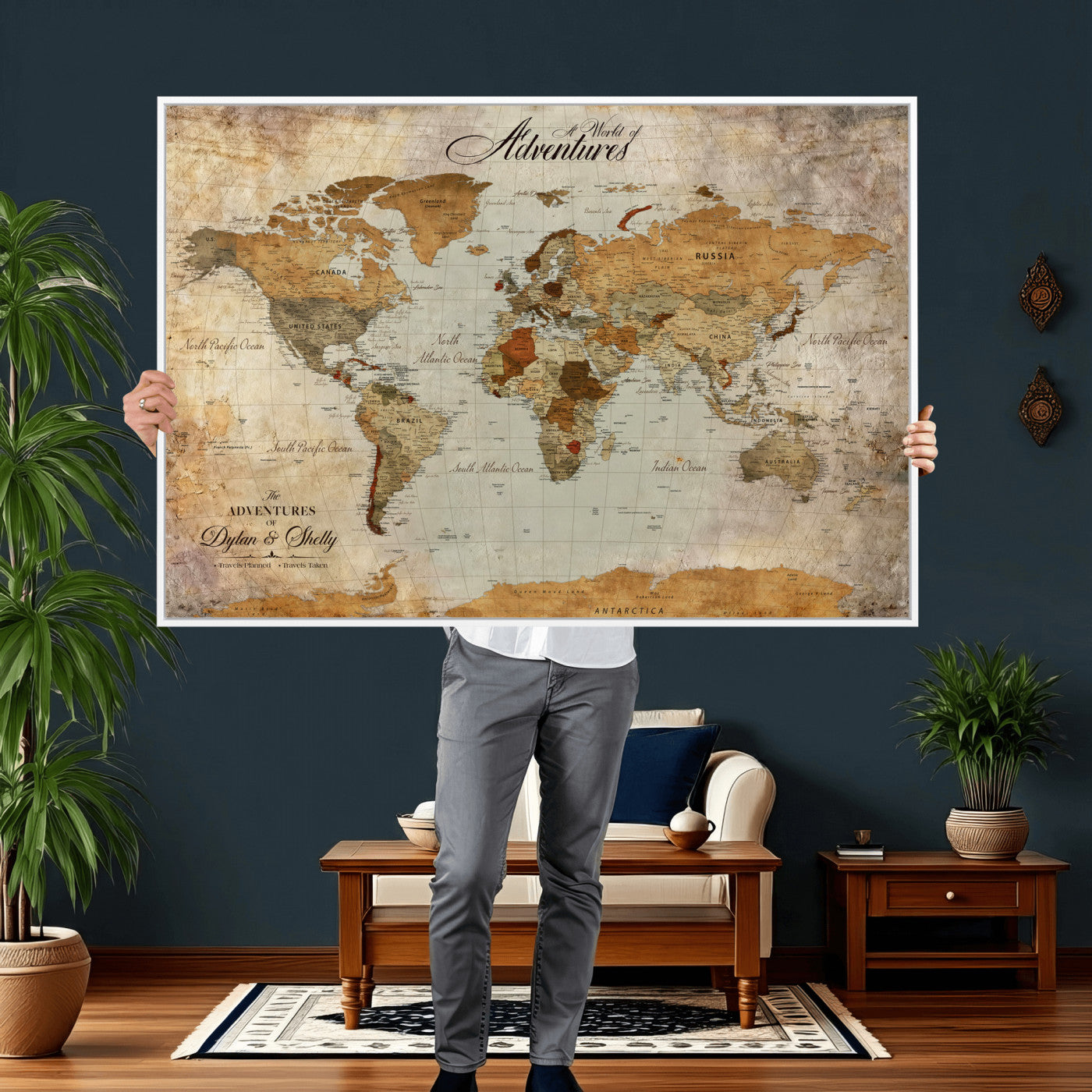 54461872-MGV-CV-36X24 - Custom Push Pin World Map Wall Art Canvas Print - Personalized Travel Tracker with Pins Framed Large for Home and Office Decor