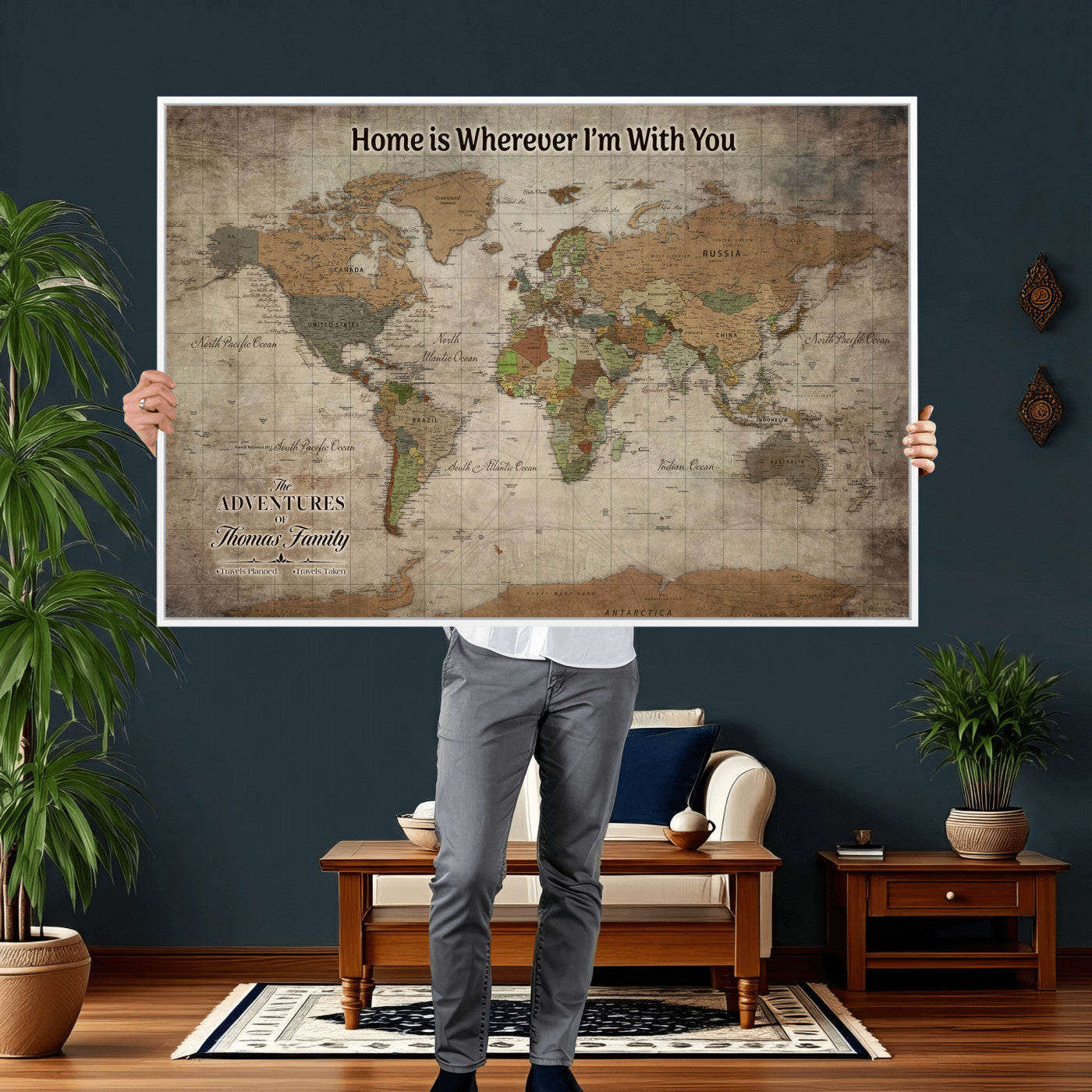 22593671-MGV-CV-36X24 - Custom Push Pin World Map Wall Art Canvas Print – Personalized Travel Tracker with Pins Framed Large for Home and Office Decor