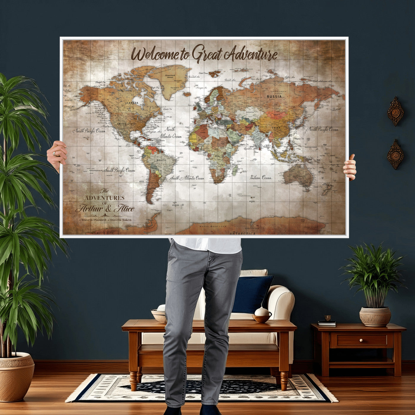 94821994-MGV-CV-36X24 - Custom Push Pin World Map Wall Art Canvas Print – Personalized Travel Tracker with Pins Framed Large for Home and Office Decor