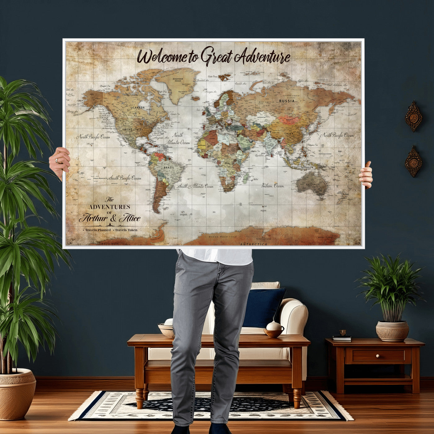 22906161-MGV-CV-36X24 - Custom Push Pin World Map Wall Art Canvas Print – Personalized Travel Tracker with Pins Framed Large for Home and Office Decor