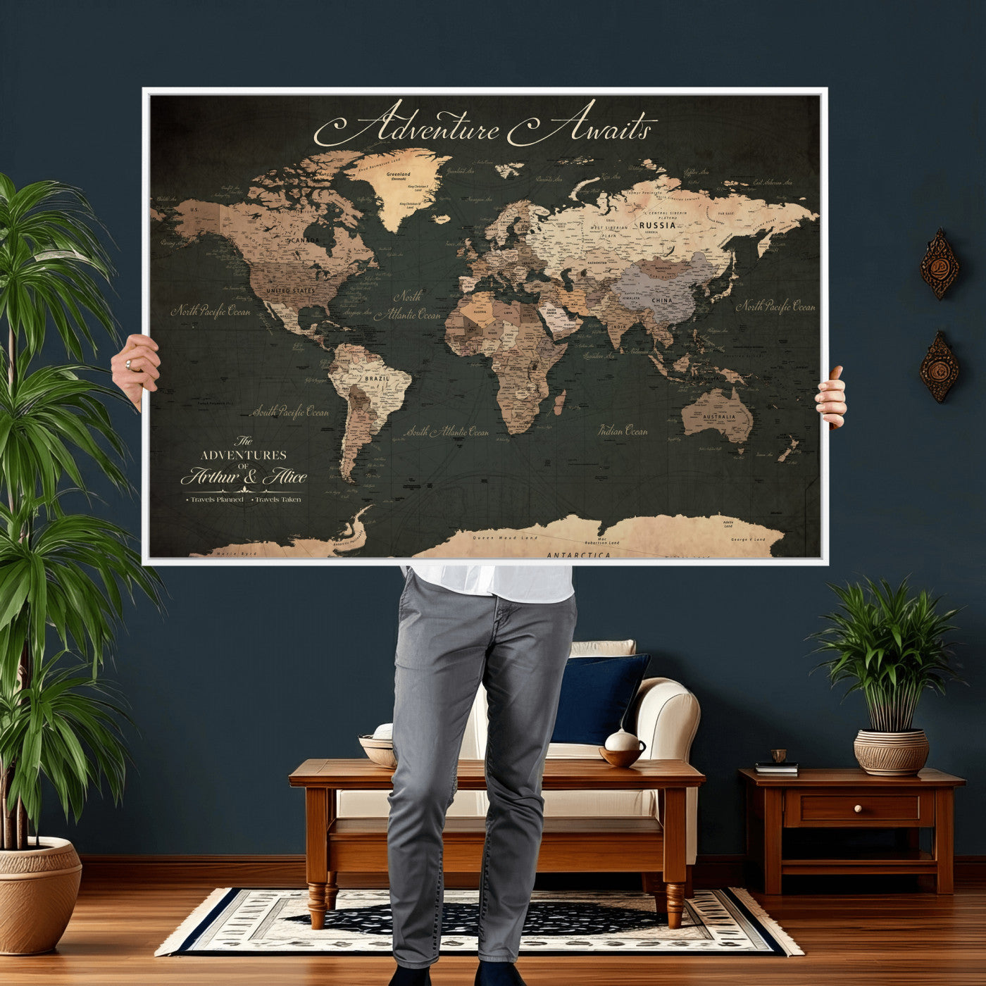 74987709-MGV-CV-36X24 - Custom Push Pin World Map Wall Art Canvas Print – Personalized Travel Tracker with Pins Framed Large for Home and Office Decor