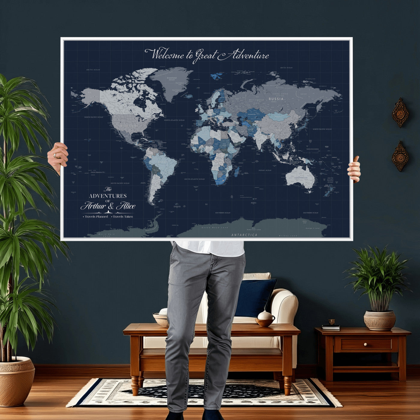 51673389-MGV-CV-36X24 - Custom Push Pin World Map Wall Art Canvas Print – Personalized Travel Tracker with Pins Framed Large for Home and Office Decor