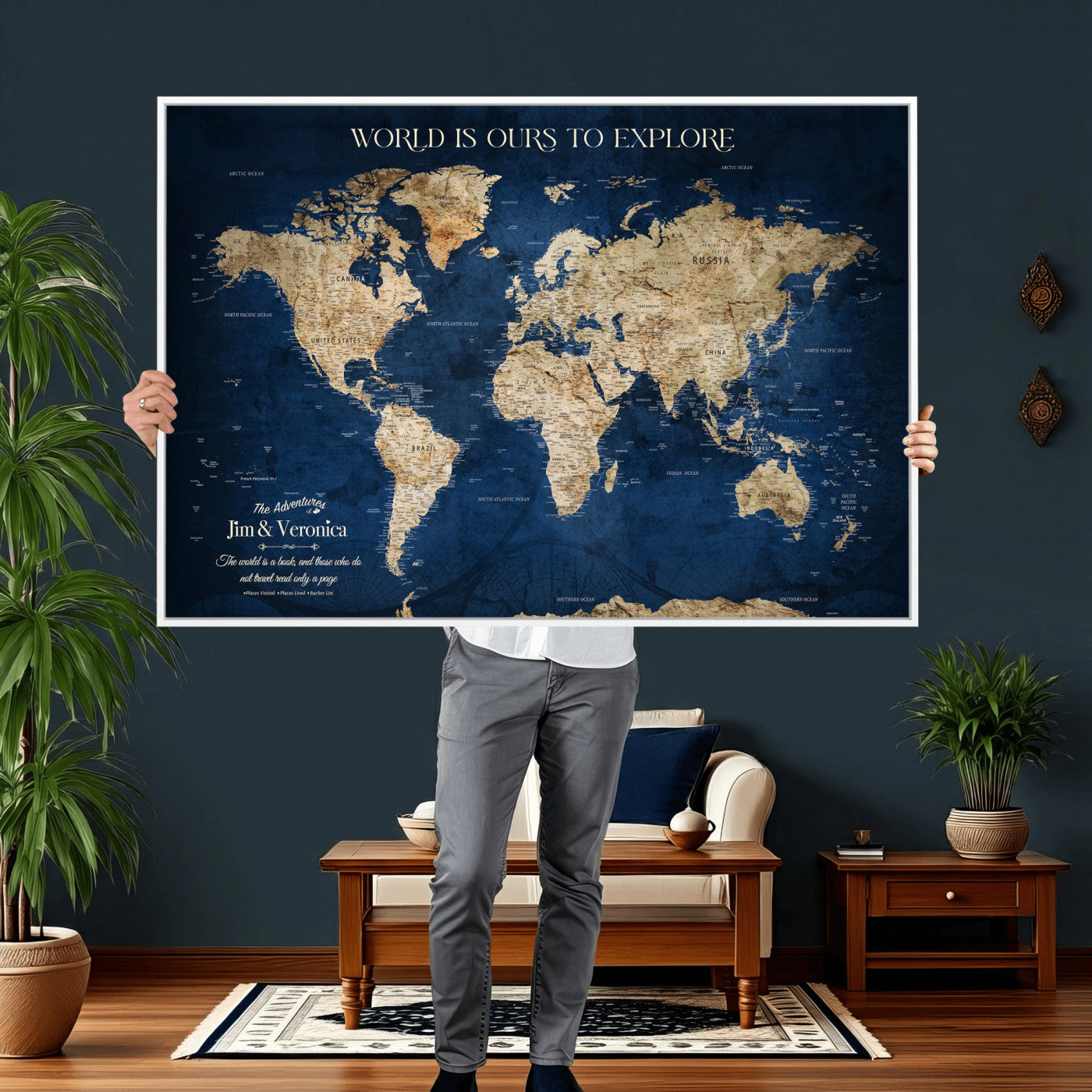 35296308-MGV-CV-36X24 - Custom Push Pin World Map Wall Art Canvas Print – Personalized Travel Tracker with Pins Framed Large for Home and Office Decor