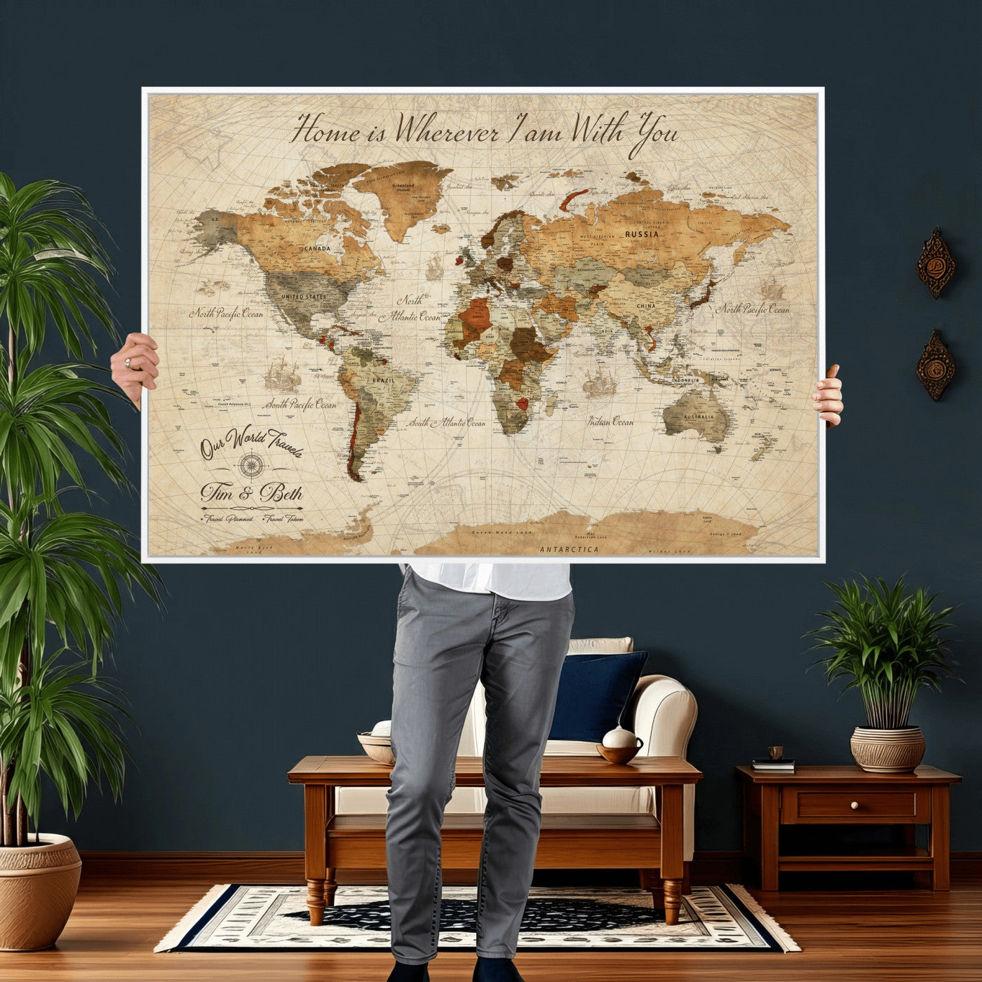 53710338-MGV-CV-36X24 - Custom Push Pin World Map Wall Art Canvas Print – Personalized Travel Tracker with Pins Framed Large for Home and Office Decor