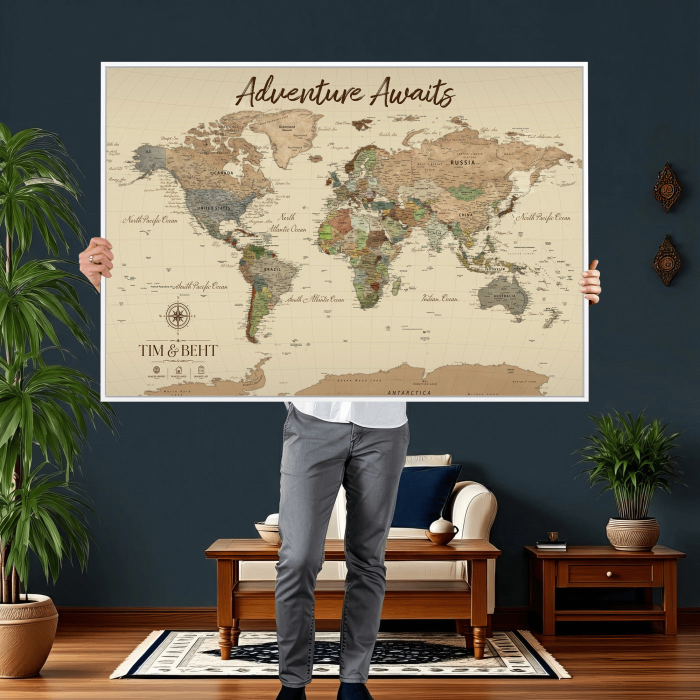 72027187-MGV-CV-36X24 - Custom Push Pin World Map Wall Art Canvas Print – Personalized Travel Tracker with Pins Framed Large for Home and Office Decor