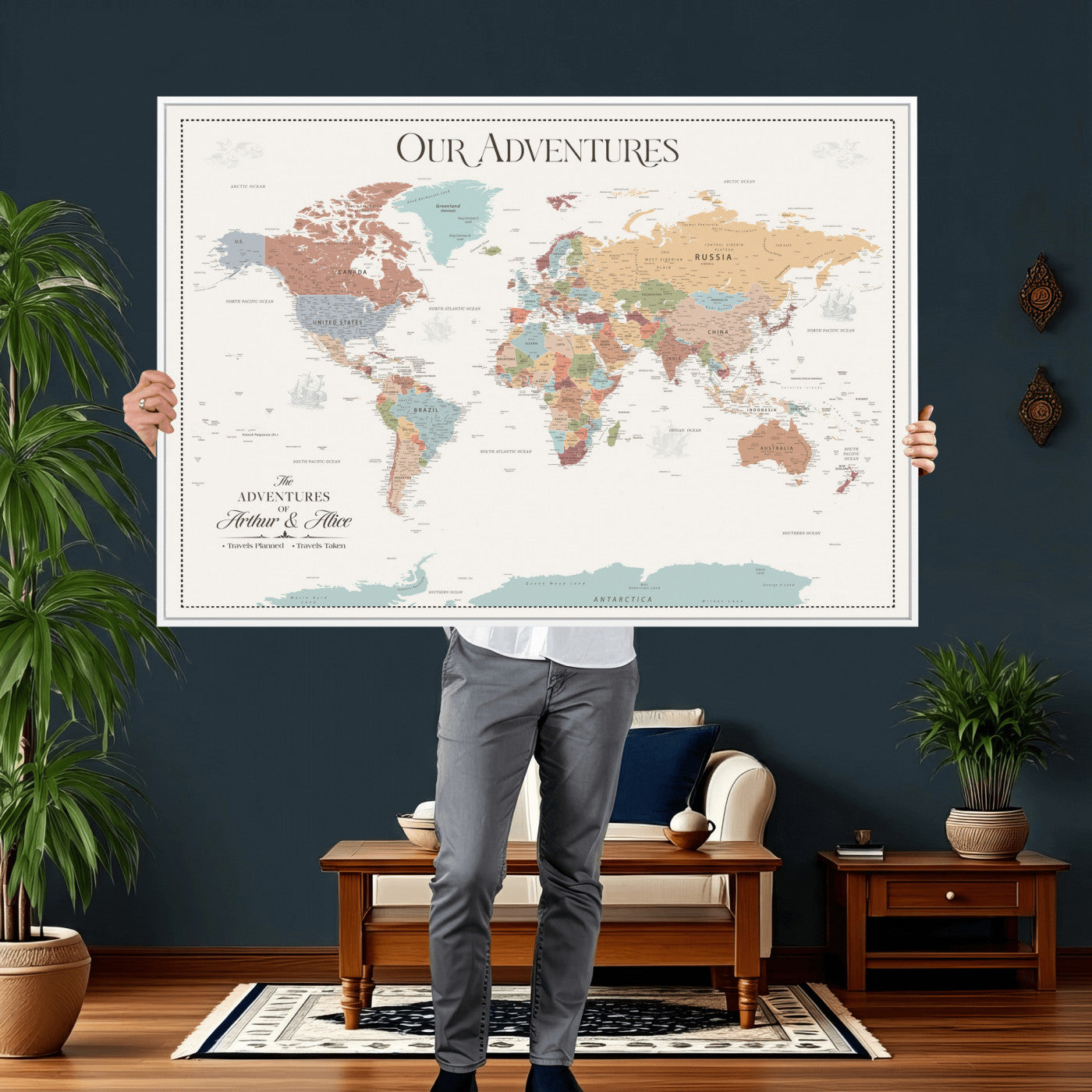 30191756-MGV-CV-36X24 - Custom Push Pin World Map Wall Art Canvas Print – Personalized Travel Tracker with Pins Framed Large for Home and Office Decor