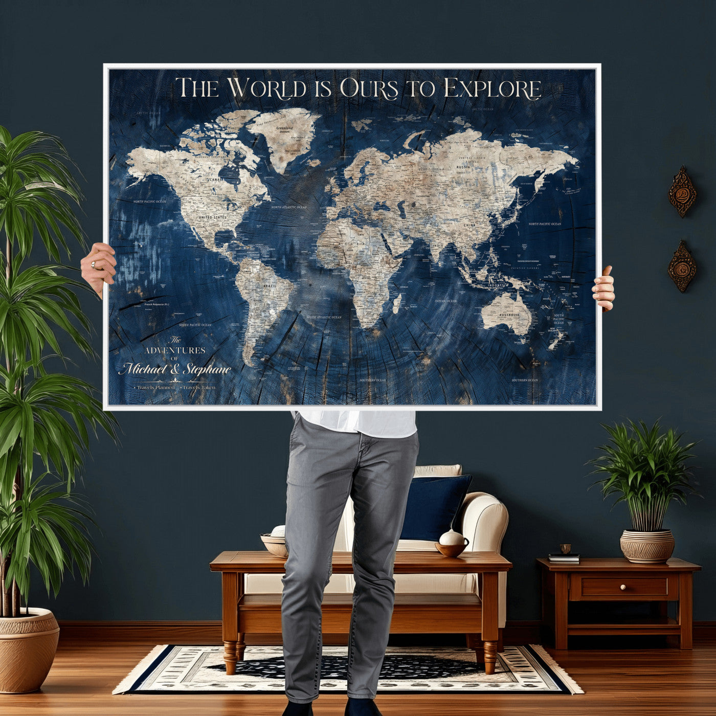 76965912-MGV-CV-36X24 - Custom Push Pin World Map Wall Art Canvas Print – Personalized Travel Tracker with Pins Framed Large for Home and Office Decor