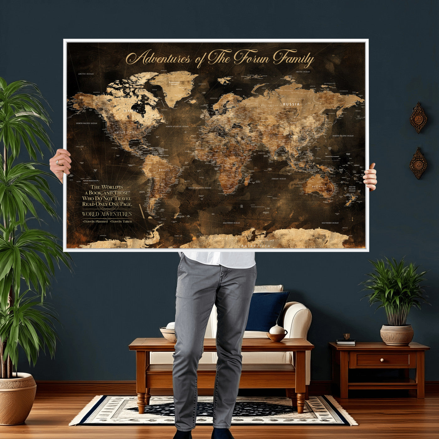 20594960-MGV-CV-36X24 - Custom Push Pin World Map Wall Art Canvas Print – Personalized Travel Tracker with Pins Framed Large for Home and Office Decor