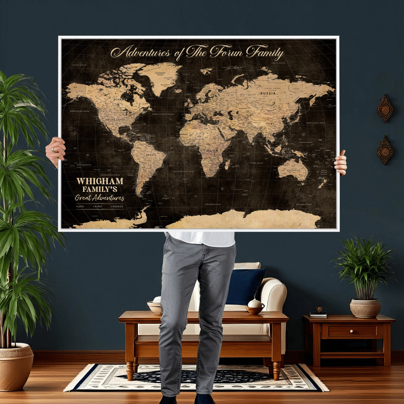 69635819-MGV-CV-36X24 - Custom Push Pin World Map Wall Art Canvas Print – Personalized Travel Tracker with Pins Framed Large for Home and Office Decor